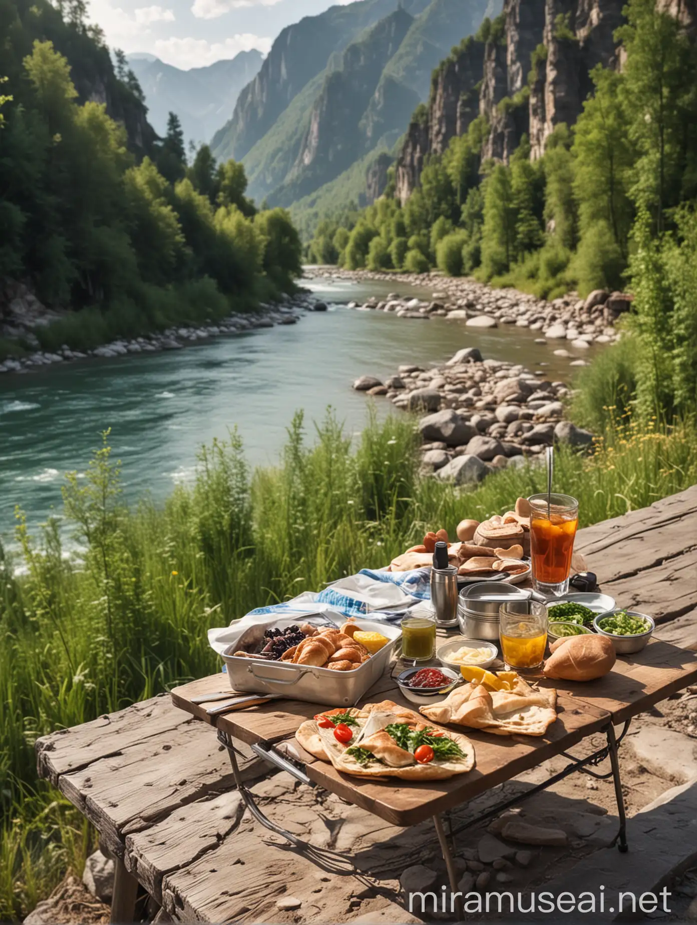 туристический обед на раскладном столе  на фоне реки и гор