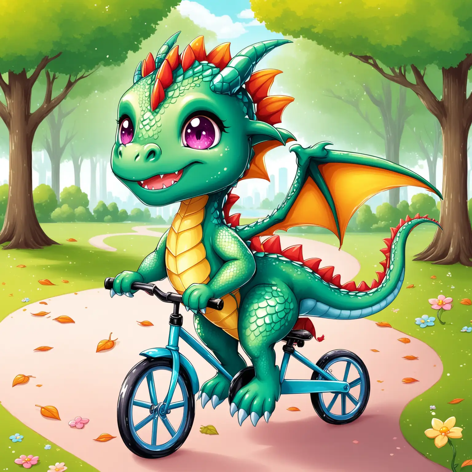Cute baby dragon riding a bicycle in the park