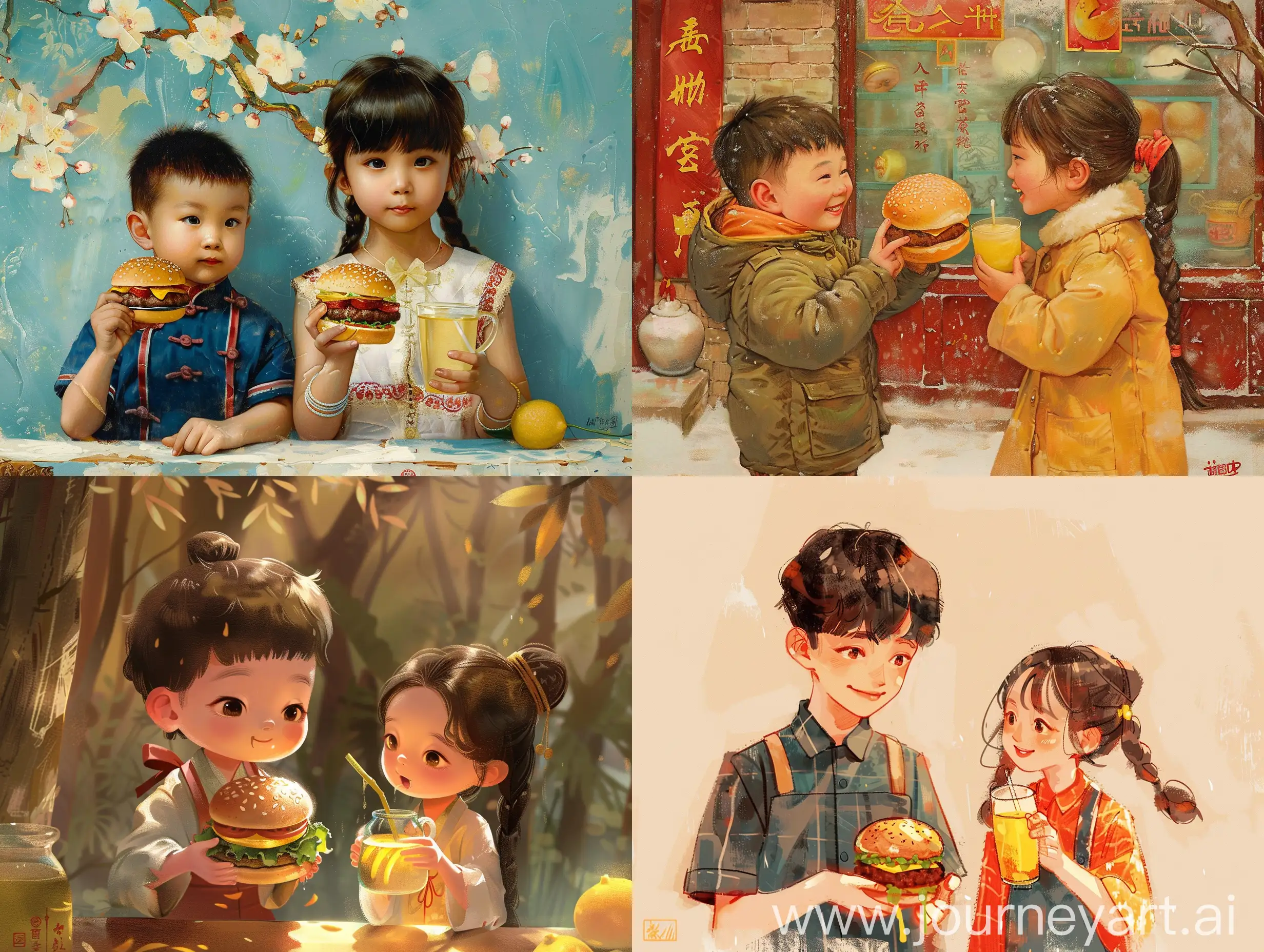 一个拿着汉堡的中国男孩与一个拿着饮料柠檬茶的女孩牵手