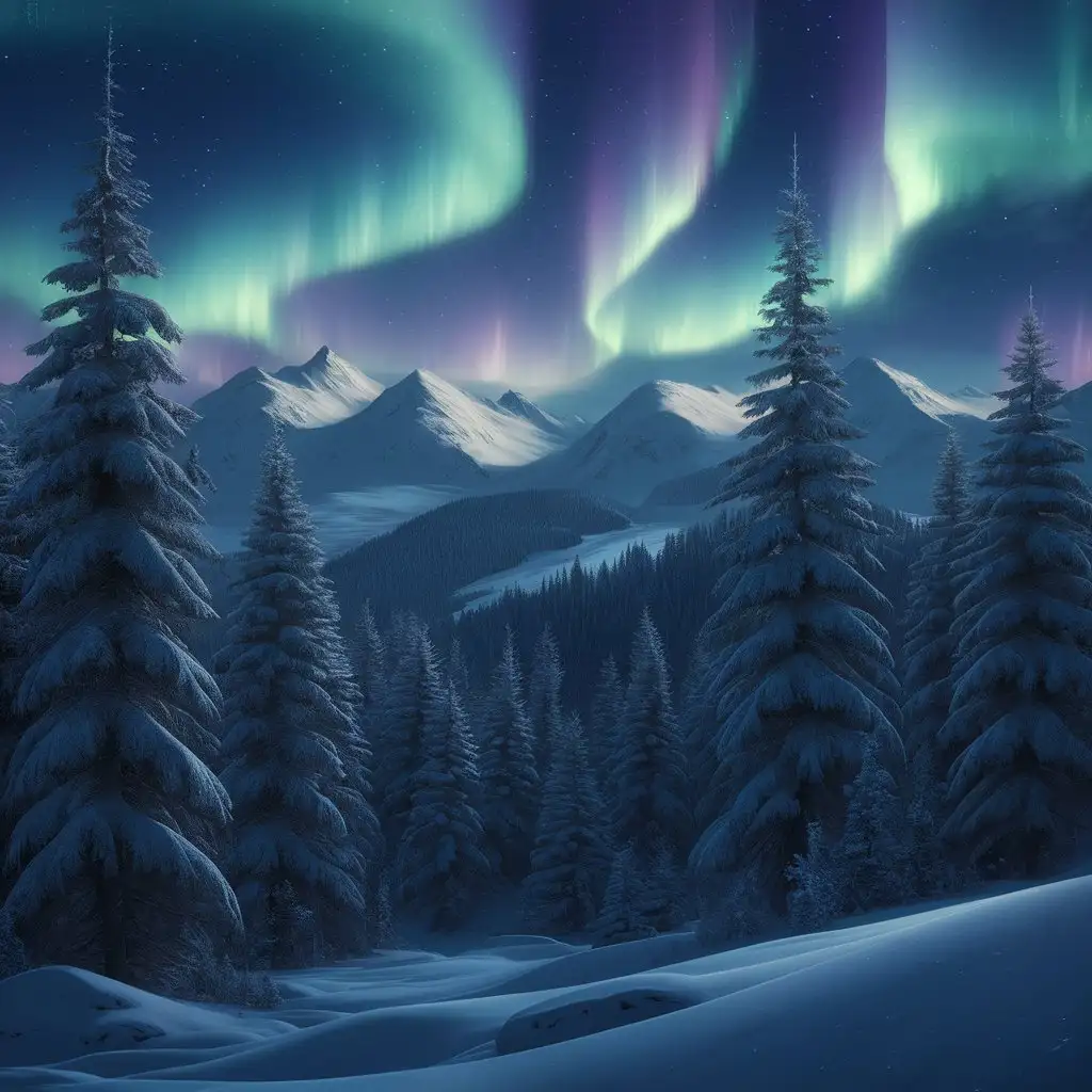 Epic scene of snow covered mountains in the distance, fir trees in the foreground, lit up by the aurora borealis