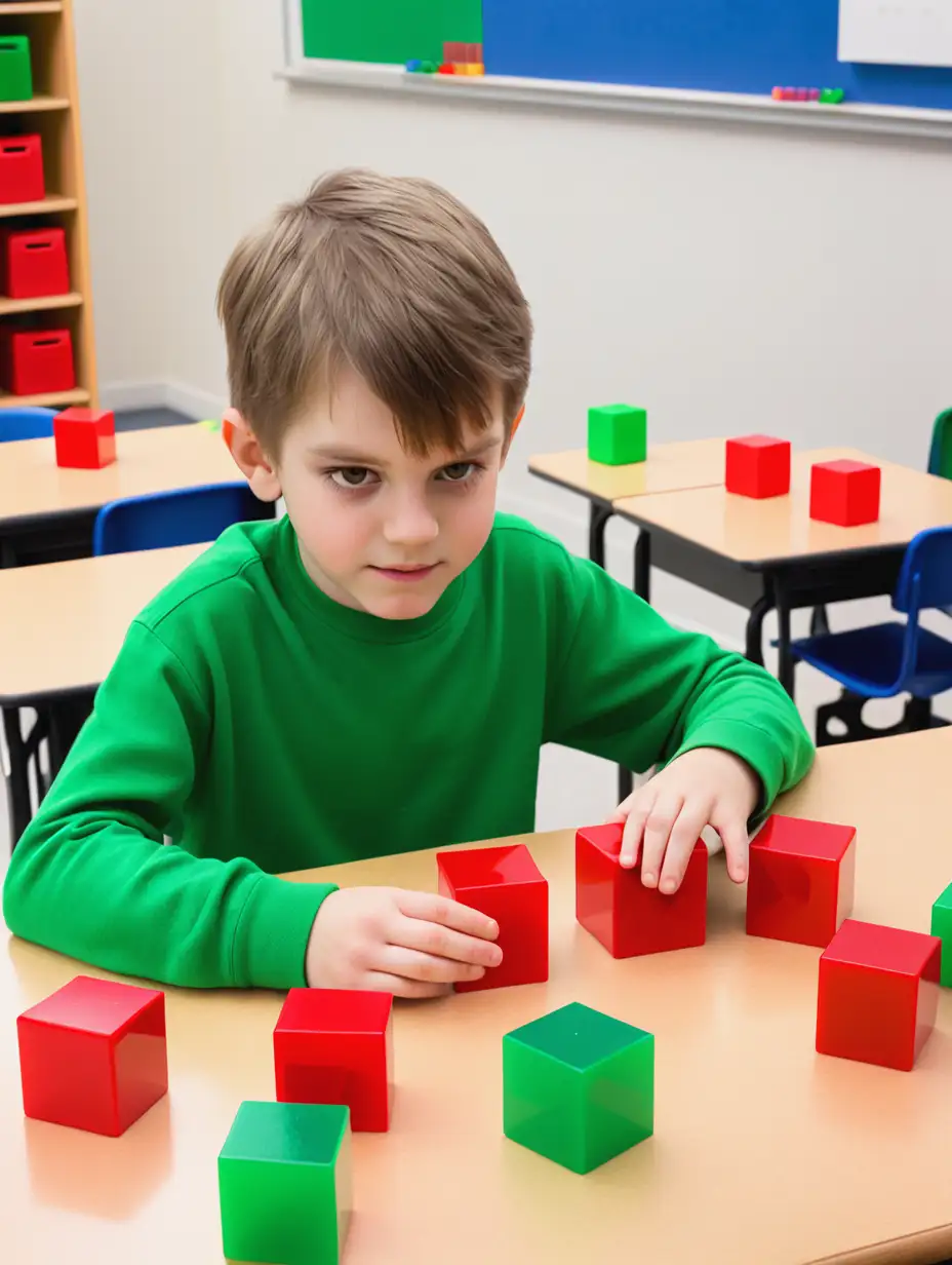 Young Boy Learning Math with Unifix Cubes at School