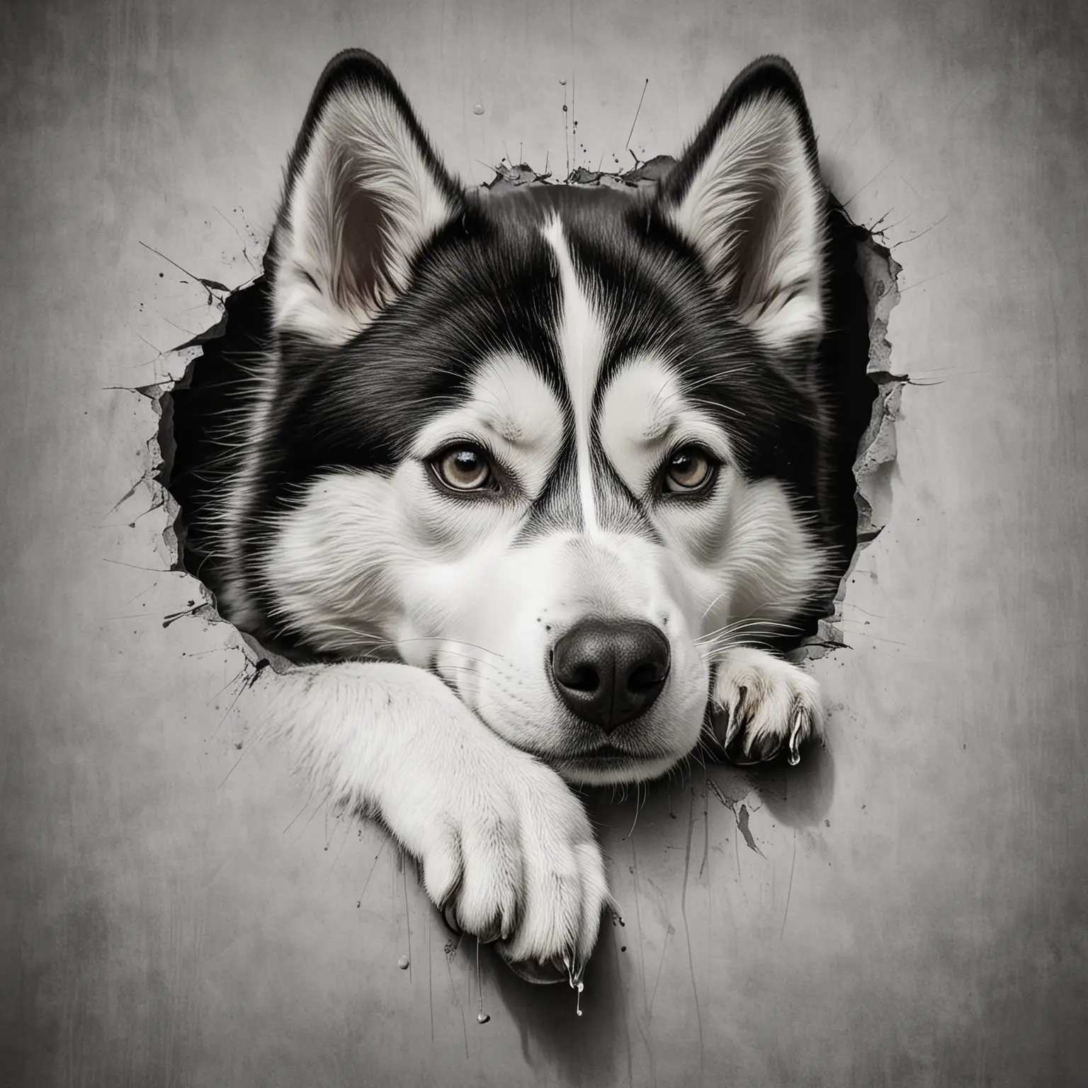 a black and white illustration of a Siberian Husky
 dog’s head and front paws resting over a horizontal line, giving the impression that the dog is peeking over a surface. The stylized artwork features bold lines and contrasting areas of black and white, creating an interesting visual effect. The dog appears to be a breed with pointed ears.
