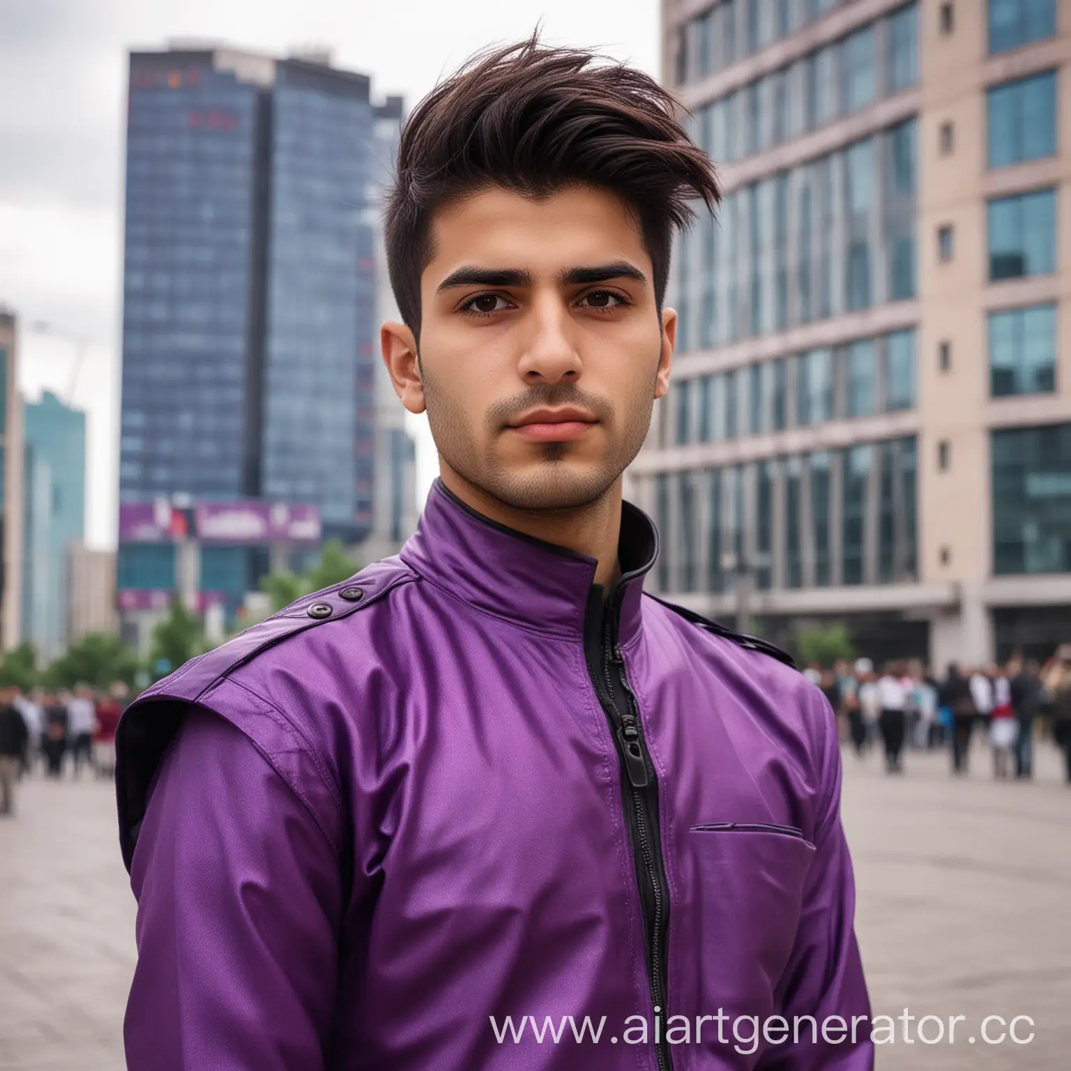 A young Kurd without a beard with a high hairstyle in purple futuristic clothes on the background of a modern city square