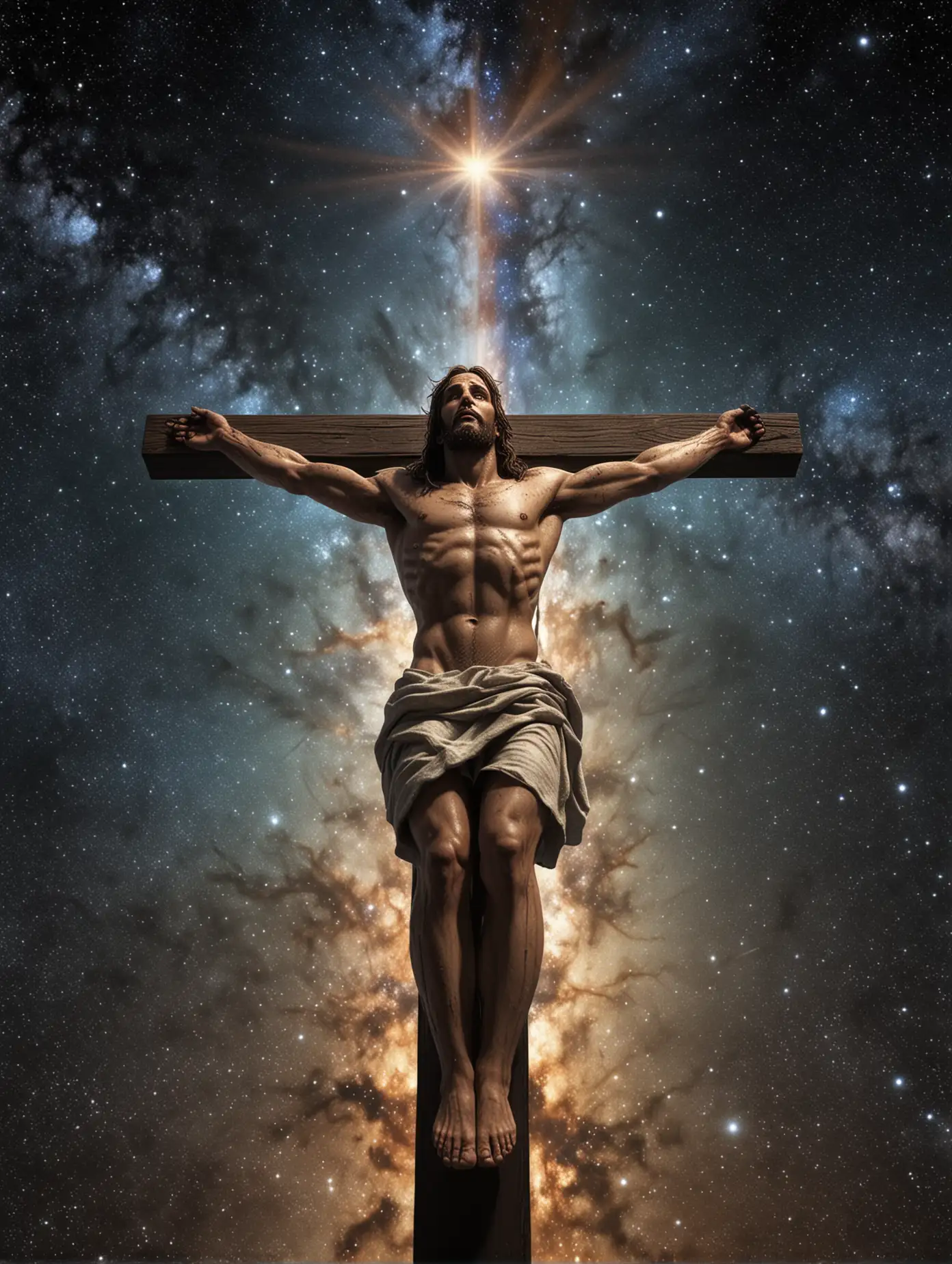  9w real realistic Jesus Christ on the cross, a light beam shines on from below ascending into heaven, milky way space in the background, graphic novel style, low angle shot, far away shot, cinematic, magical, HD, ultra realistic, hyper real,