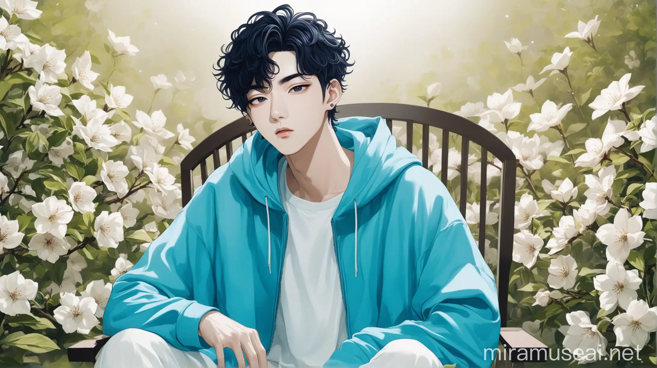 A sexy cool looking Korean kpop male idol, facial features: (black curly short hair, silver eyes, straight nose, monolid almond upturned eyes, oblong face, straight eyebrows eyebrows )Wearing blue hoddie jacket and plain white tshirt and pant sitting in chair, singing in a beautiful aesthetic flower garden 