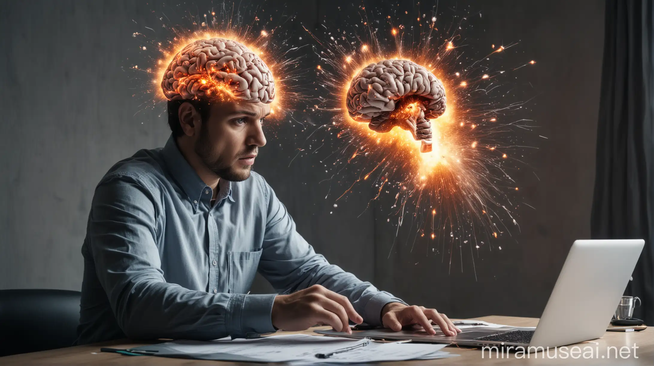 man sitting at desk in office and working on laptop, question mark on exploding brain, software code displayed on laptop screen