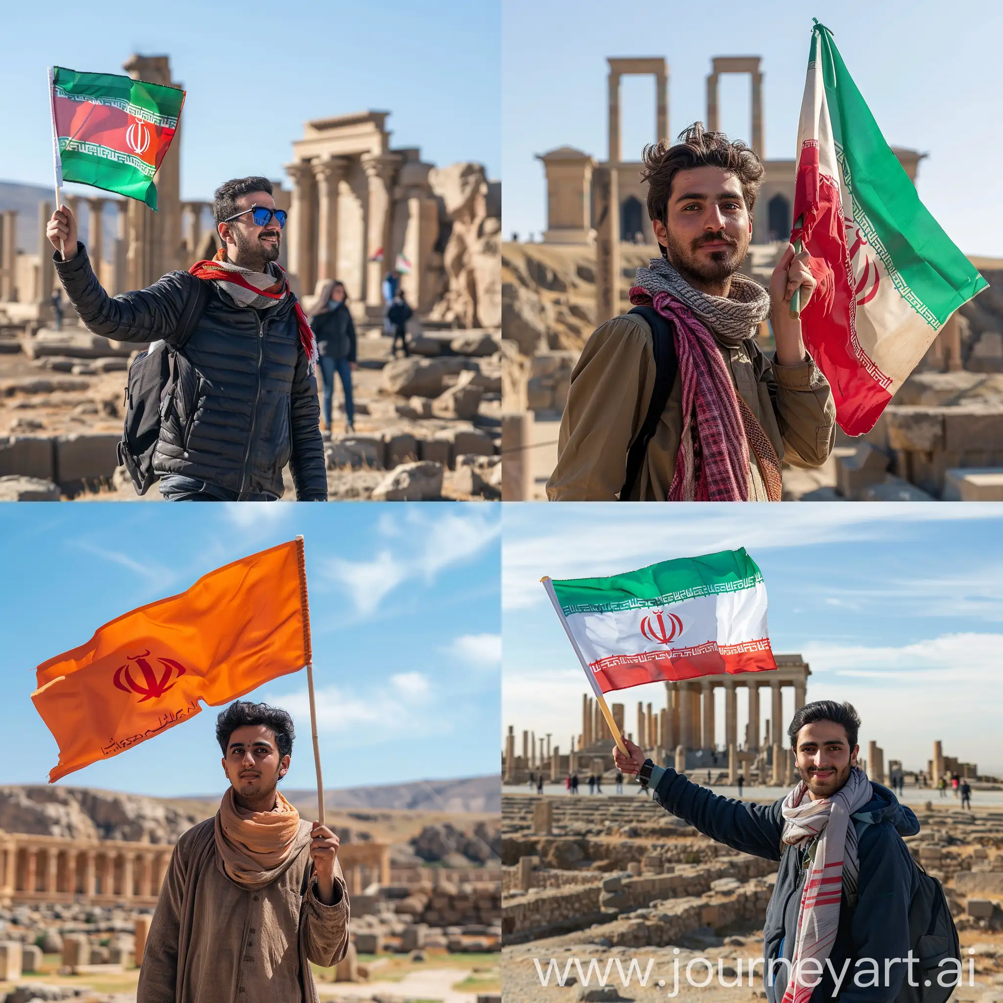 Iranian young man with Sassanid flag in hand in Persepolis, ancient photo space