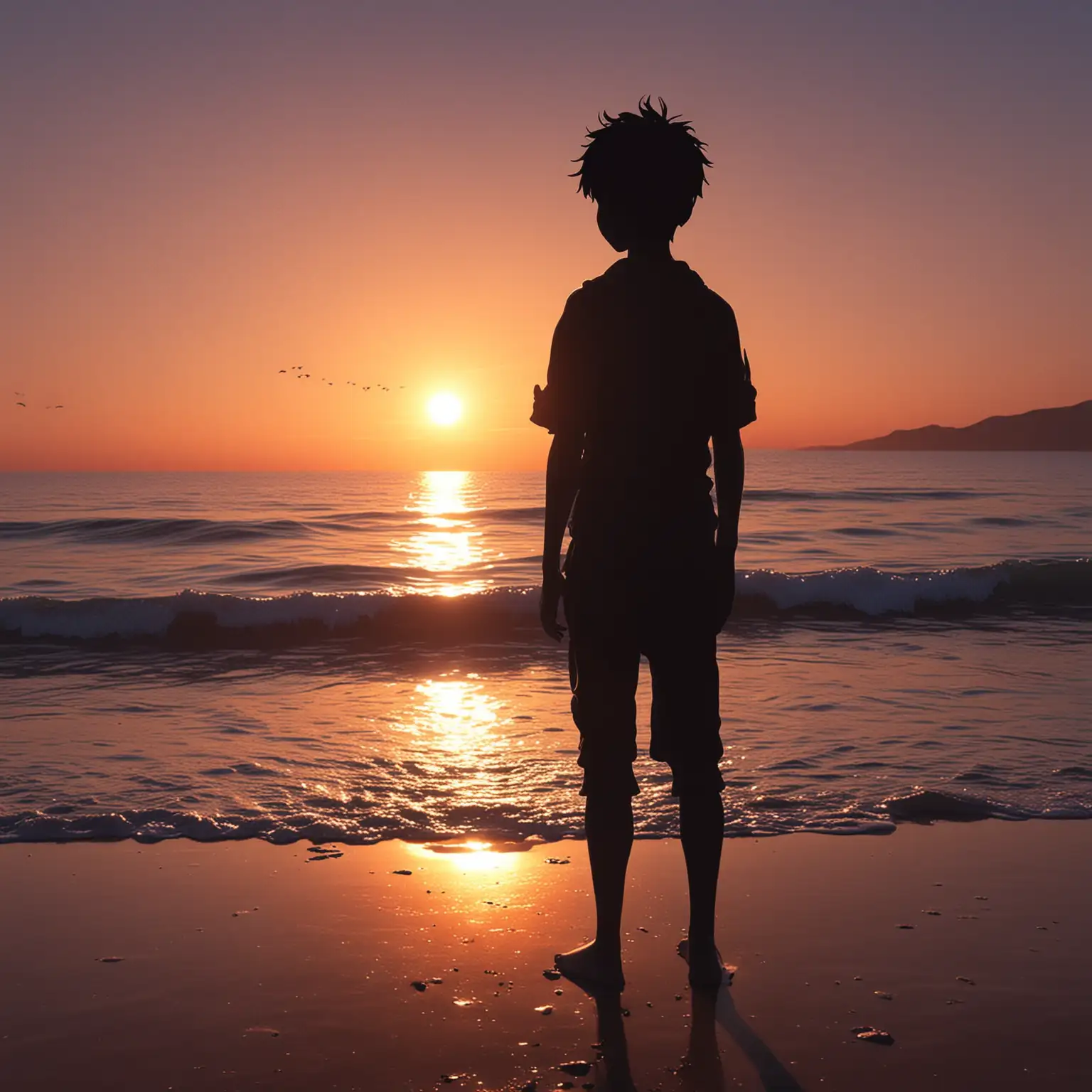 Seaside-Sunset-Silhouette-of-Boy-in-3D-Anime-Style