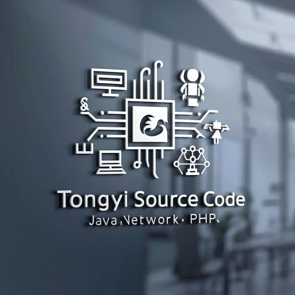 a logo design,with the text "Tongyi source code", main symbol:["chip","dragon","computer","robot","code","network","programming language","java","php"],Minimalistic,be used in Internet industry,clear background