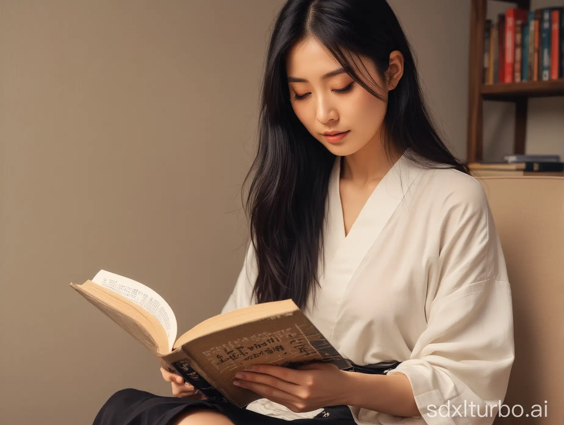 beautiful intellectual typical Japanese 33-year-old girl reads a book, Instagram model, long black hair, warm, black eyes, height 6.5 feets, female, masterpiece, 4k, correct fingers or hands