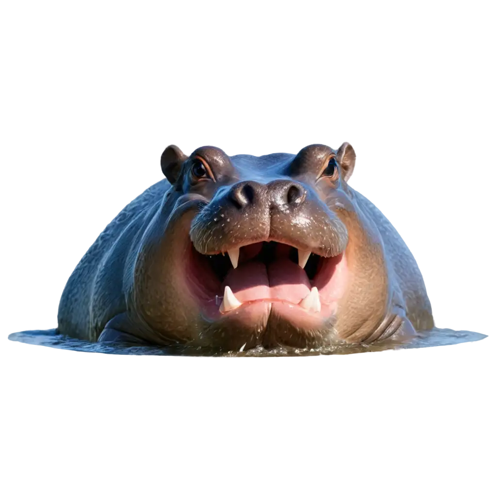 A hippopotamus emerges from a crystal-clear lake with a splash, water dripping from its snout and a wide grin showcasing its impressive teeth.





