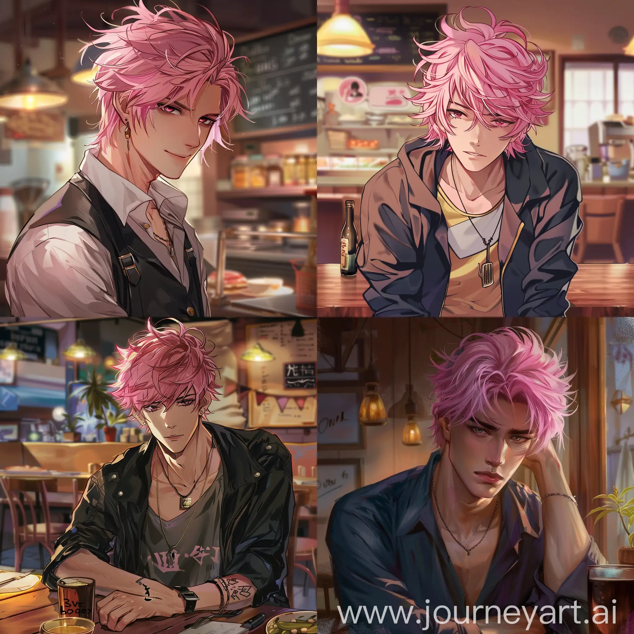 日漫，男，粉色头发，帅哥，餐厅