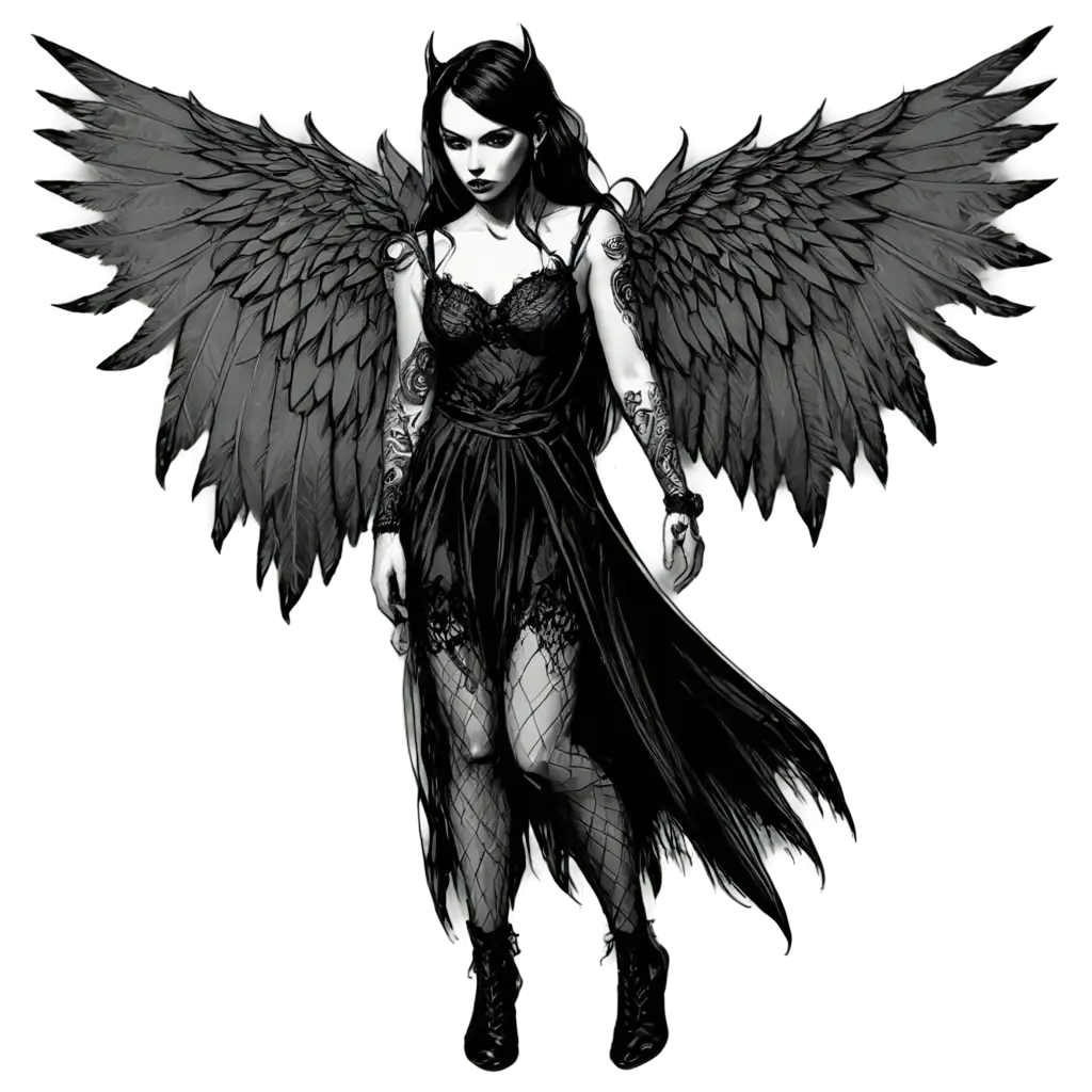 Goth-Girl-with-Demon-Wings-Intricate-Tattoo-Art-Sketch-in-HighQuality-PNG-Format