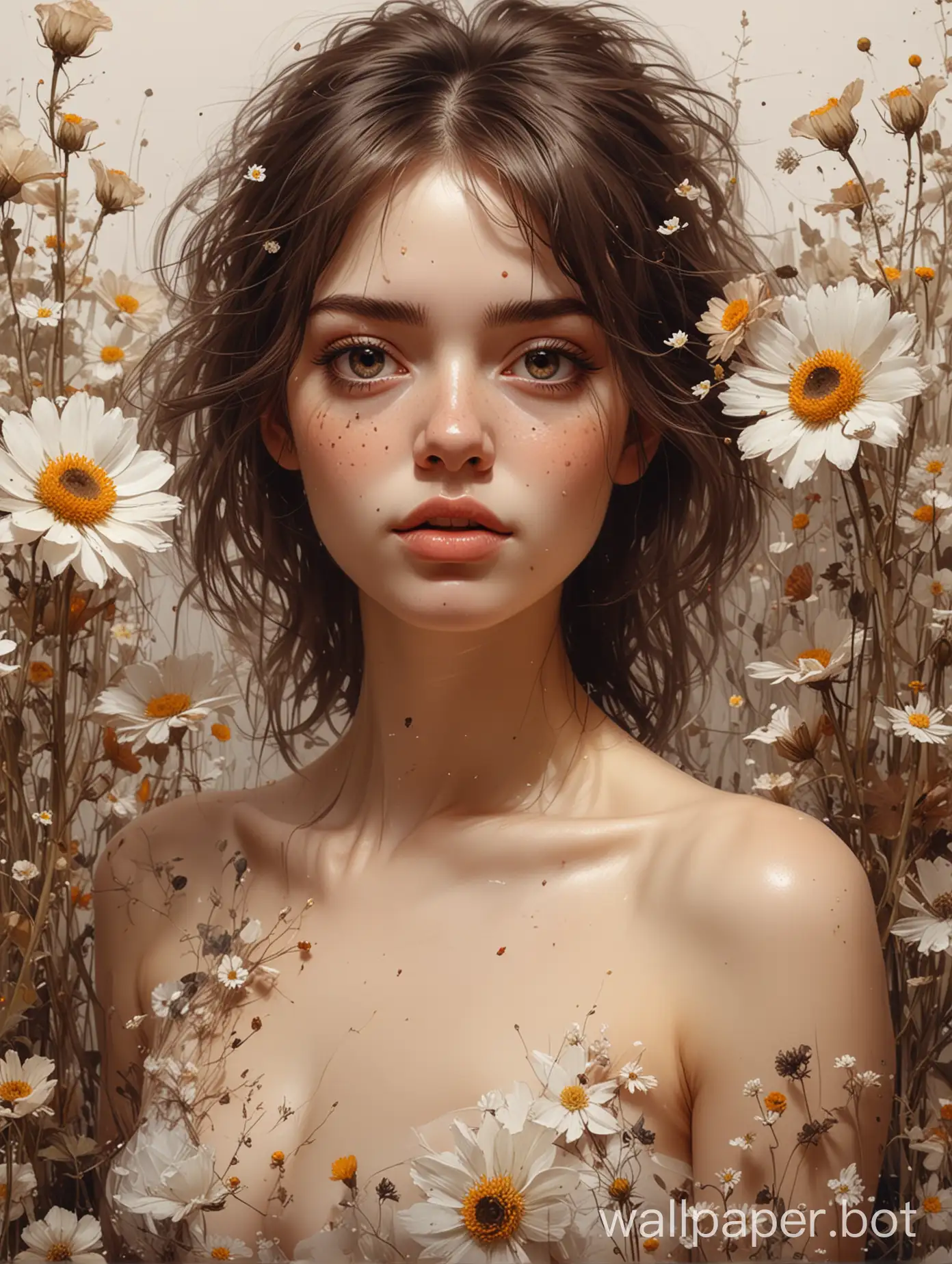 cute girl in full body, detailed focused brown eyes, clear skin, detailed drawing, sharp focus, cinematography, clarity, 4K, transparent delicate flowers surrealism, charm and admiration, Ralph Steadman style, painting, double exposure, work of art in the style of Huweitz