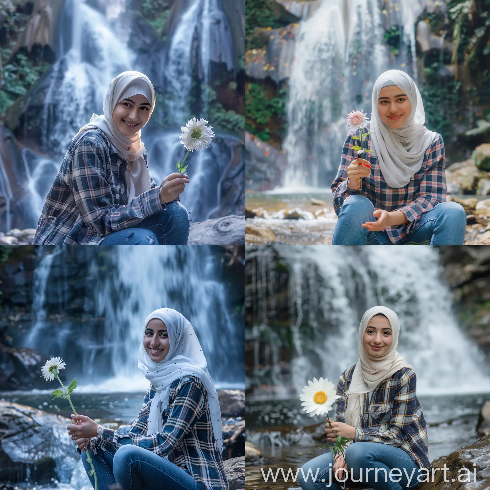 Smiling-Girl-in-Hijab-Holding-Flower-by-Waterfall