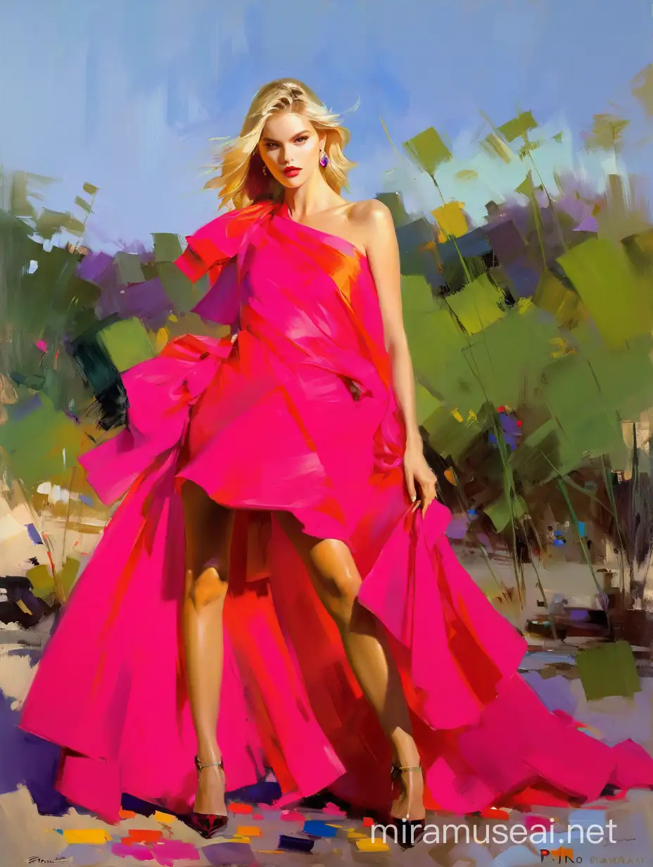 Painting by Pino Daeni, Garmash Sasha Luss, blonde supermodel, captures the essence of rare beauty, high fashion pose, soft-focus background, sunlight casting a warm glow on her striking features, complementary color palette, contrast emphasizing her refined elegance, vivid colors, dramatic lighting, artistic brushstrokes.