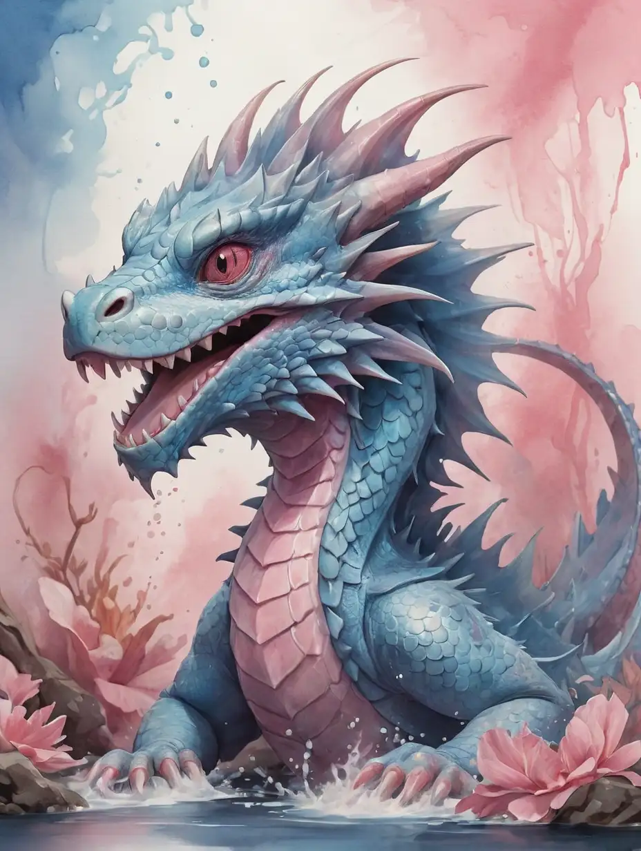 Water Dragon Fantasy Art Majestic Creature in Pink and Blue Watercolor