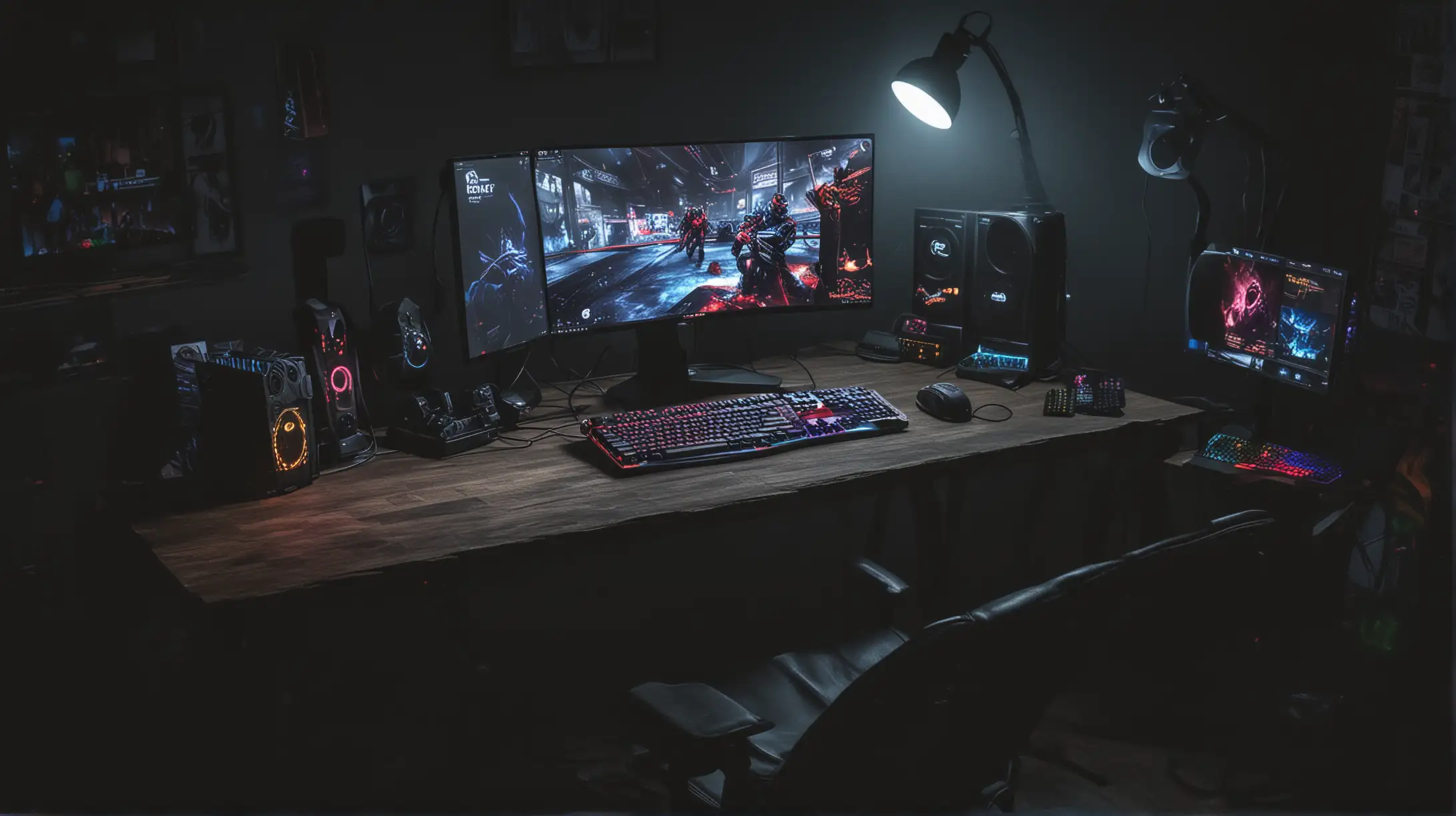 Create a picture in a dark room. The view should be directed towards a desk with a desk chair. The focus is on an RGB illuminated gaming keyboard. The setup should show several screens on which games can be seen and a chat. Apart from the screens, the PC and the illuminated keyboard and mouse, there should be a maximum of artificial indirect light.