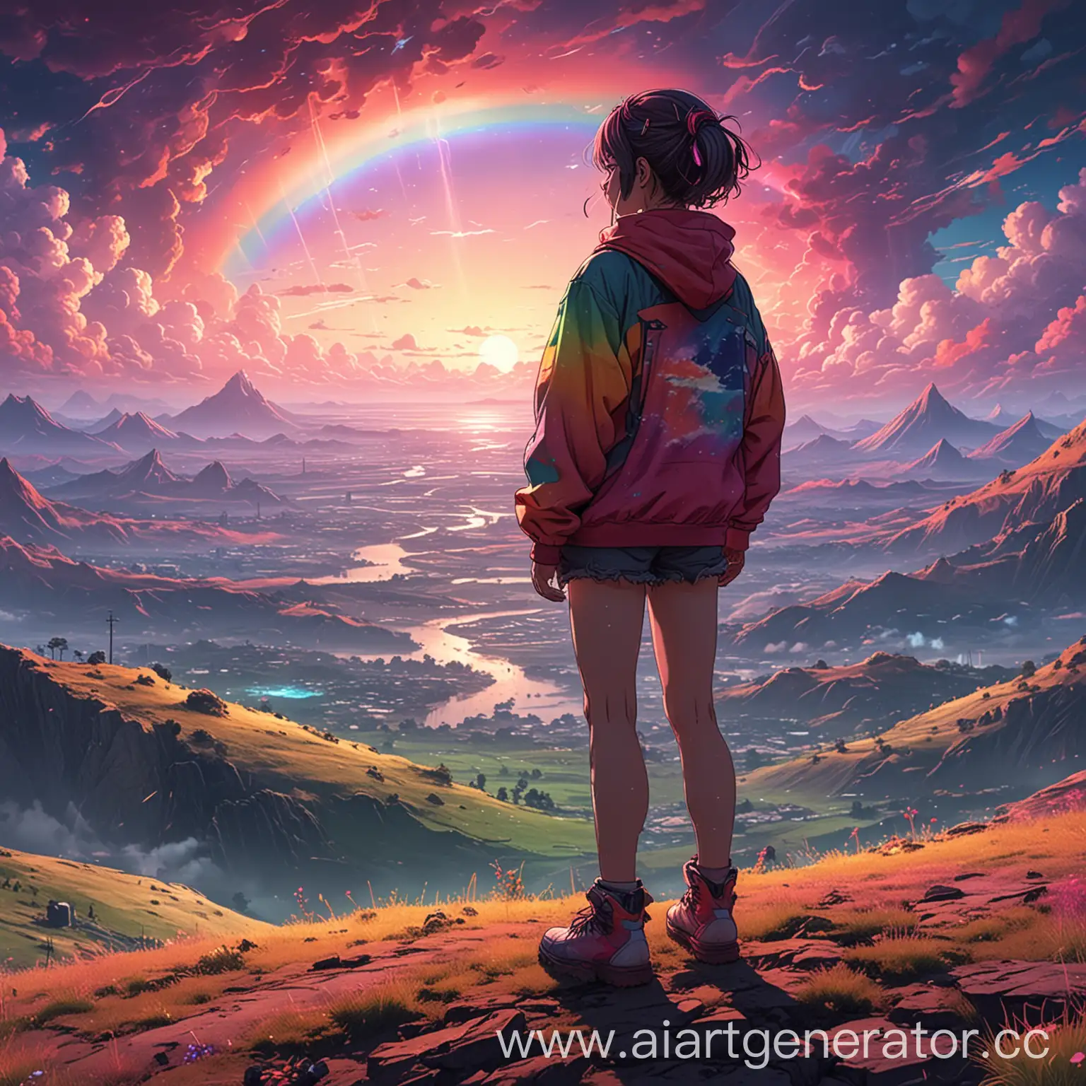 Изображение аниме-персонажа, стоящего на вершине холма с видом на сюрреалистический пейзаж. Небо заполнено неоновыми облаками и радугами, а земля искажена и дезориентирует. Персонаж одет в яркую, разноцветную одежду и кажется потерянным и дезориентированным