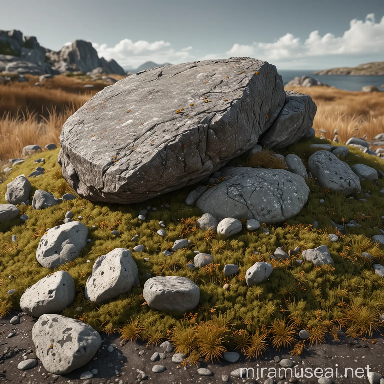 Large granite rock with a flat top sits on a bed of pebbles and brown grass The rock has a light covering of moss and lichen, realistic drawing, cinematic, unreal engine 5 rendering monochrome, sketchfab, with 100% white background, sprite sheet, spread sheet, realistic drawing, in a front view prospective