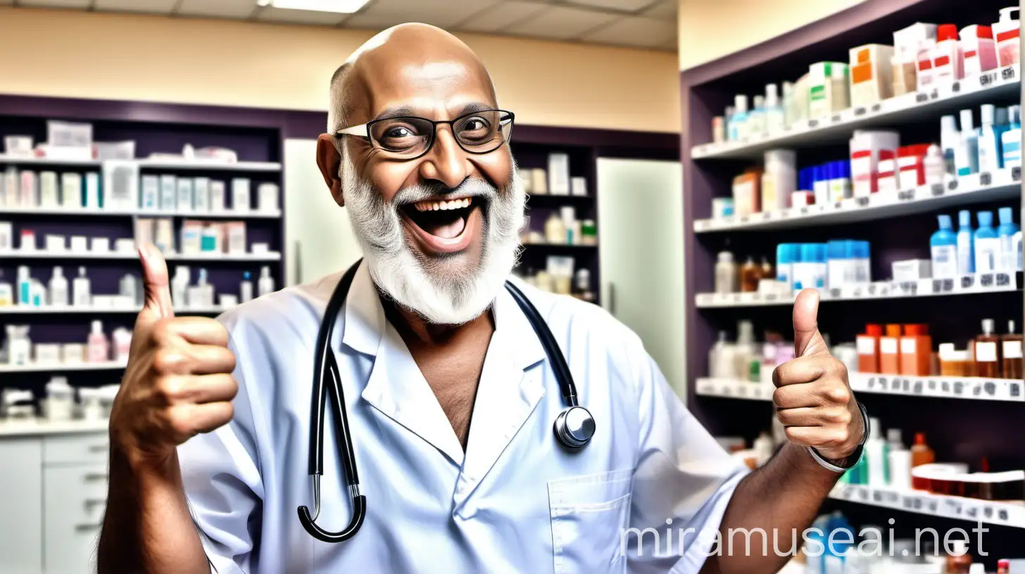 a  fat matured no  hair on scalp and french cut beard style , indian doctor aged 57 years old  wearing an apron and a stethoscope , he is happy and laughing  watching with  mysterious  eyes , showing a thumbs up , he is wearing a spectacles, in back ground there is  a medicined  store 