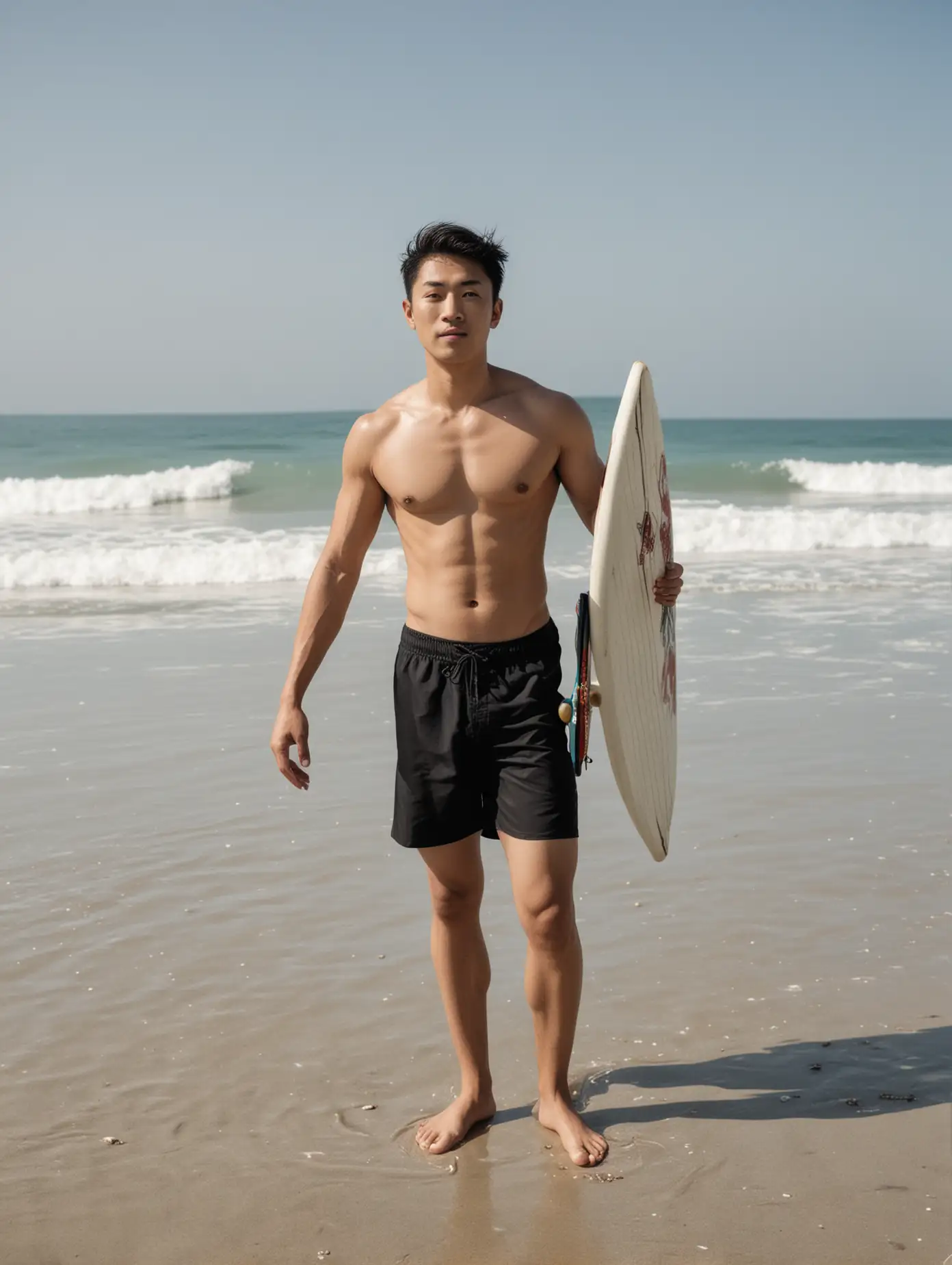 亚裔男人，穿黑色泳裤，光脚站在沙滩上，身后是大海，腋下夹着冲浪板，全景镜头