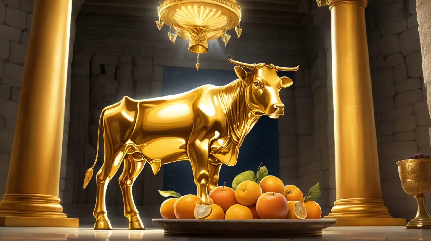 epoque biblique, un veau d'or, devant le veau se trouve un grand plateau rempli de fruits posé au sol, à l'intérieur d'un temple idolatre, la nuit, lumière jaune orangée