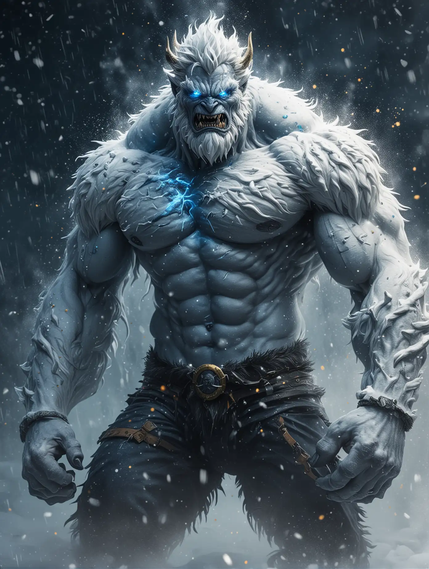 Illustration of a handsome man blizzard snow monster, he is a snow beast, he is shirtless, nice abs, blue and black fog, navy flames, gold sparks, 