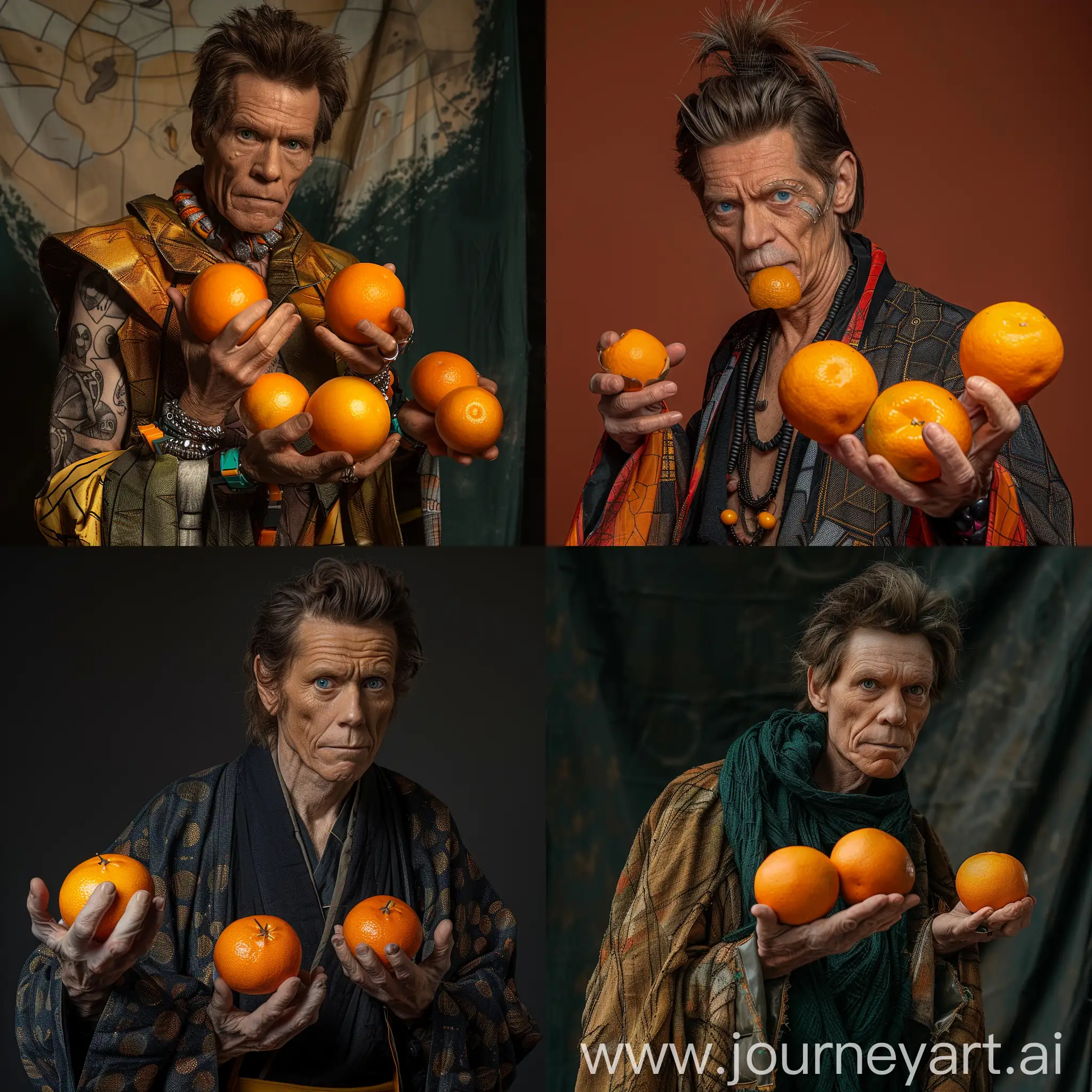 Голливудский актер Уильям Дефо держит апельсины (как в знаменитом меме) одетый в косплей Энки из игры Fear 