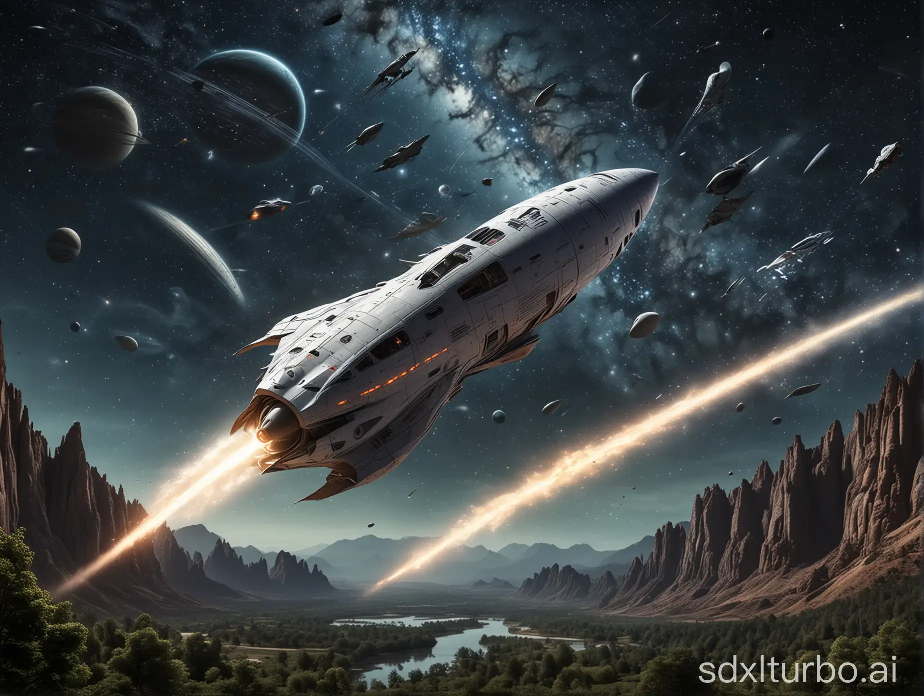 Poster design, wrapping style, aliens, technology, space, rocket, spaceship, high-speed rail, 3D, nature, starry sky, universe