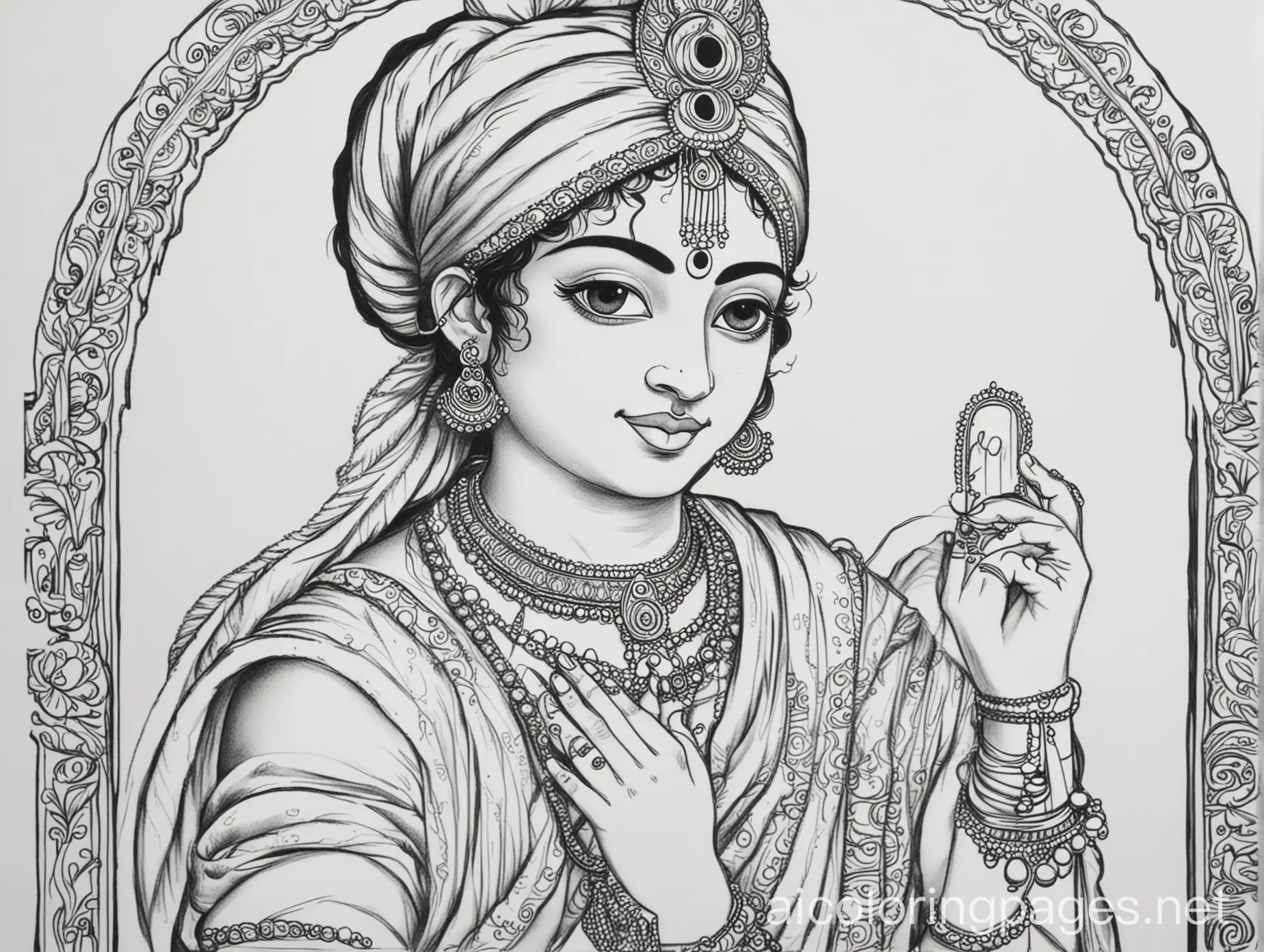Lord-Krishna-Making-a-Video-Call-Coloring-Page-Simple-Line-Art-on-White-Background