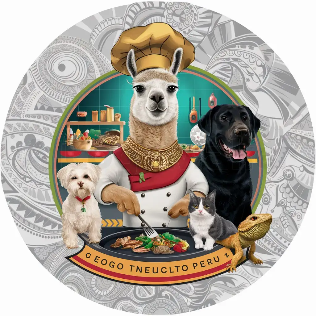 a logo design,with the text "Hungry Llama", main symbol:Design me a logo that has a llama cooking Peruvian food and is dressed in Inca clothing. Wearing a gold chef hat and gold Inca jewelry. One white Maltese one big black lab. One grey cat with a white nose and stomach. One orange bearded dragon,complex,clear background