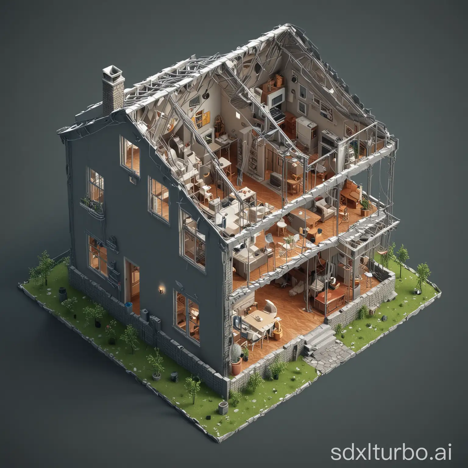 3d house, isometric, wireframe