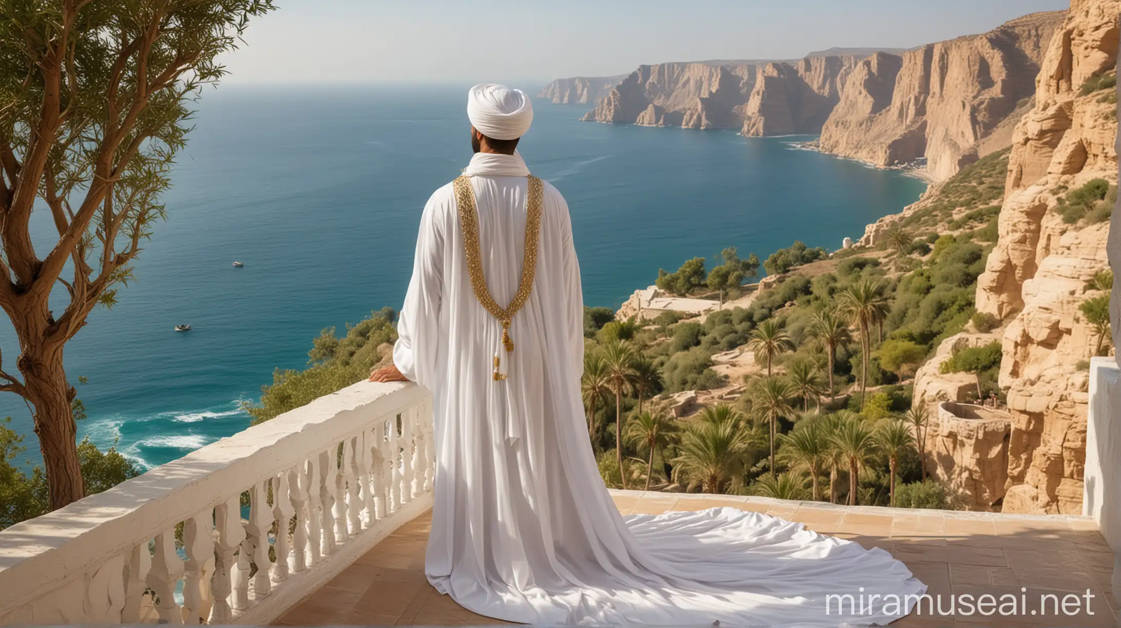 A man in an Arabian turban and long white Arabian gown, overlooking a stunning view of sea cliffs and trees, arranged like a painting.