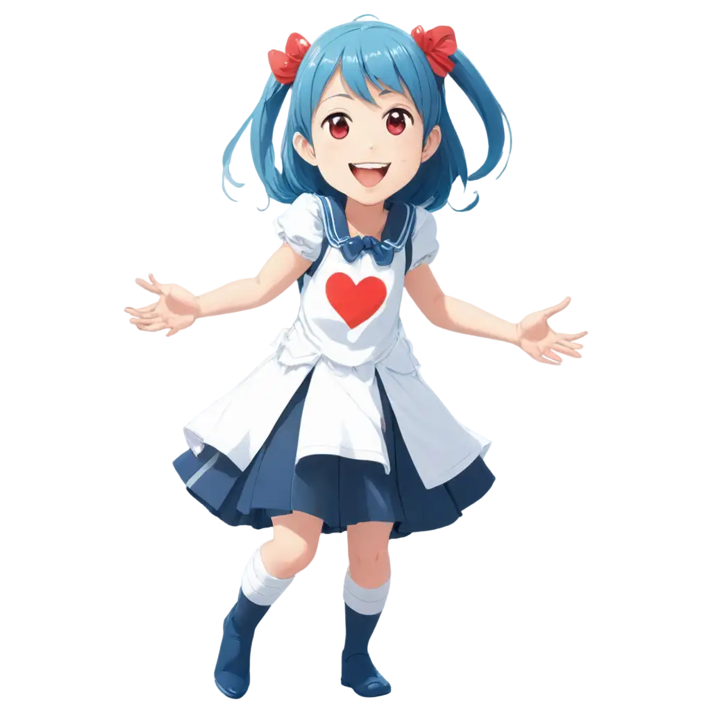 The girl from the anime is laughing, smiling broadly. She has blue hair and red eyes. There are hearts around her and she shows her heart with her hands. In the style of cartoons, anime, little girl
