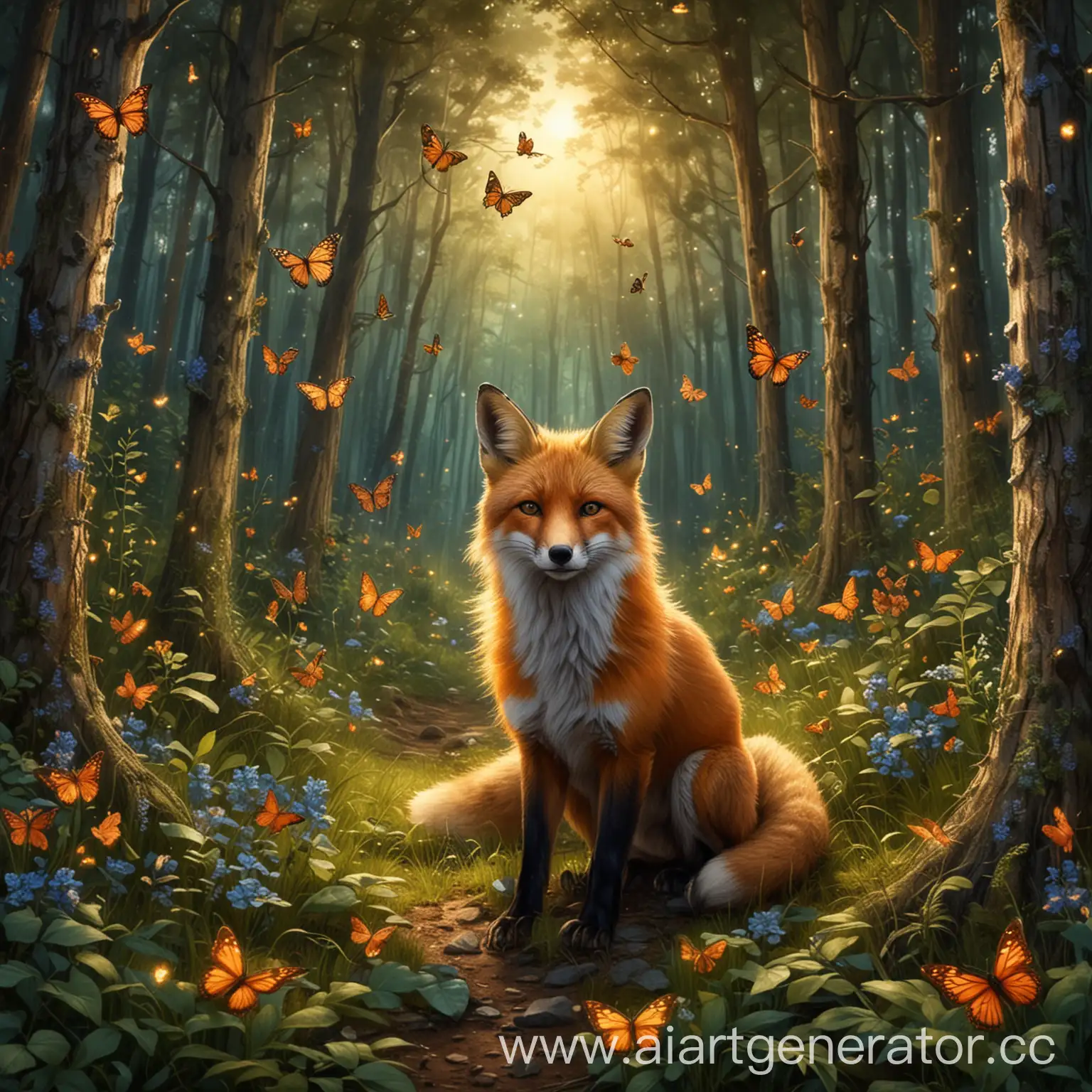 Fox-in-the-Forest-Surrounded-by-Sun-Butterflies-and-Fireflies