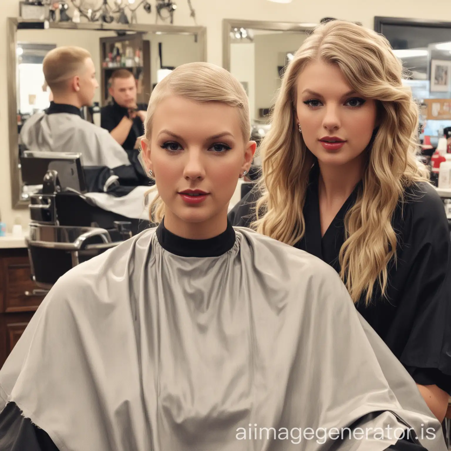 taylor swift with a bald head in a hair salon sitting in a barber's chair covered with a haircut cape having another woman with blonde hair and shaved sides run hair clippers down the middle of the head