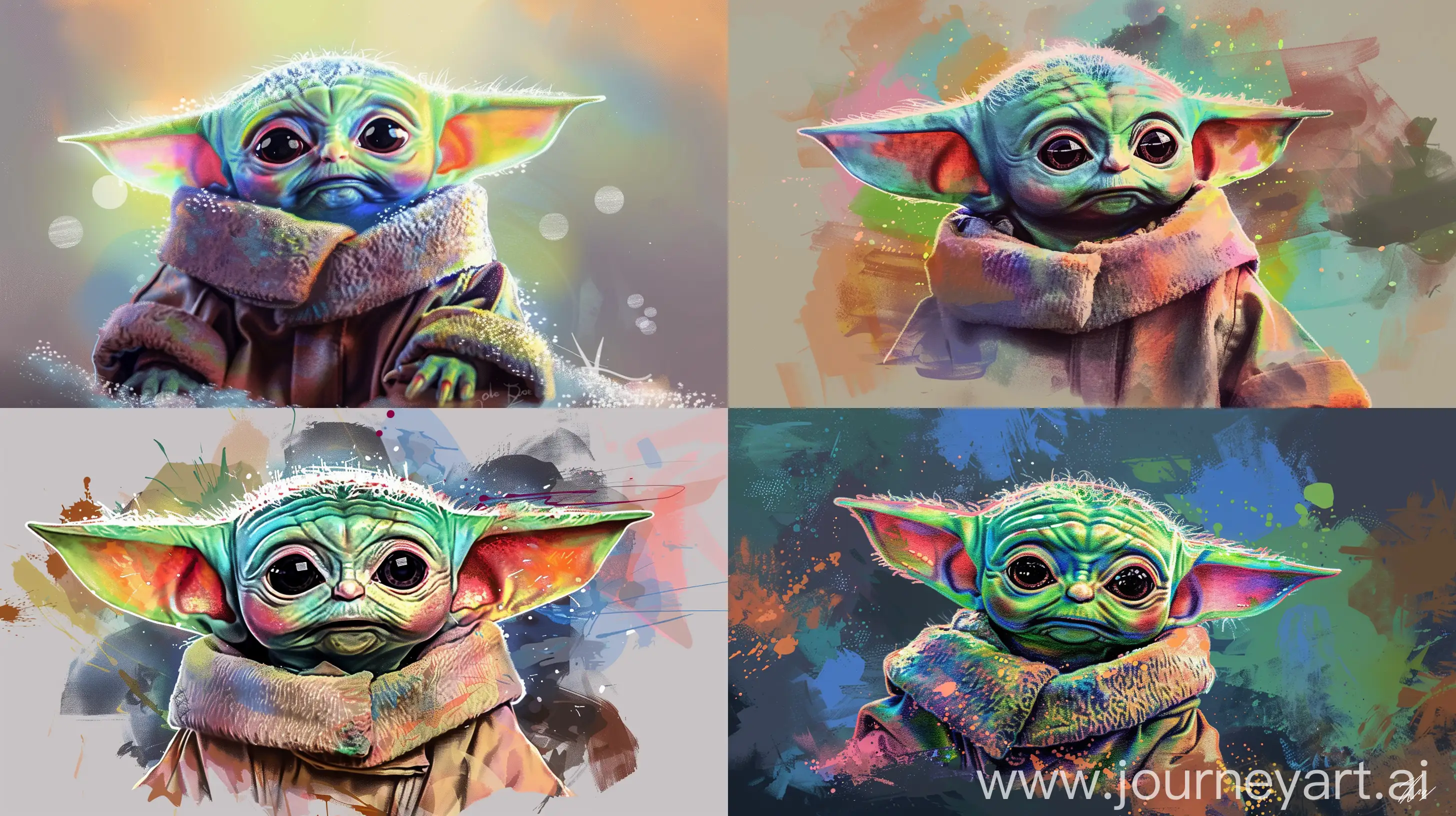 pen sketch of baby yoda, with soft vibrant pastel colors --ar 16:9
