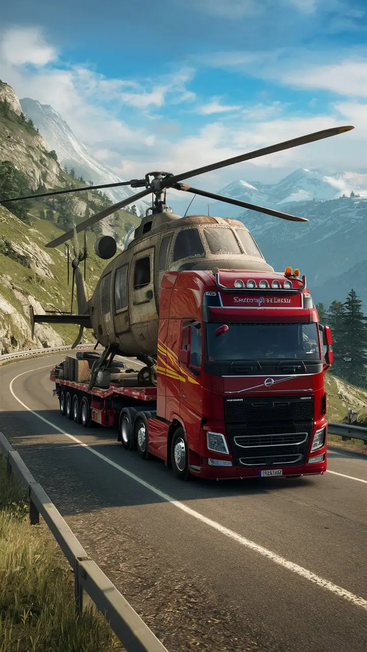 Red European Truck Transporting Old Helicopter in Natural Environment
