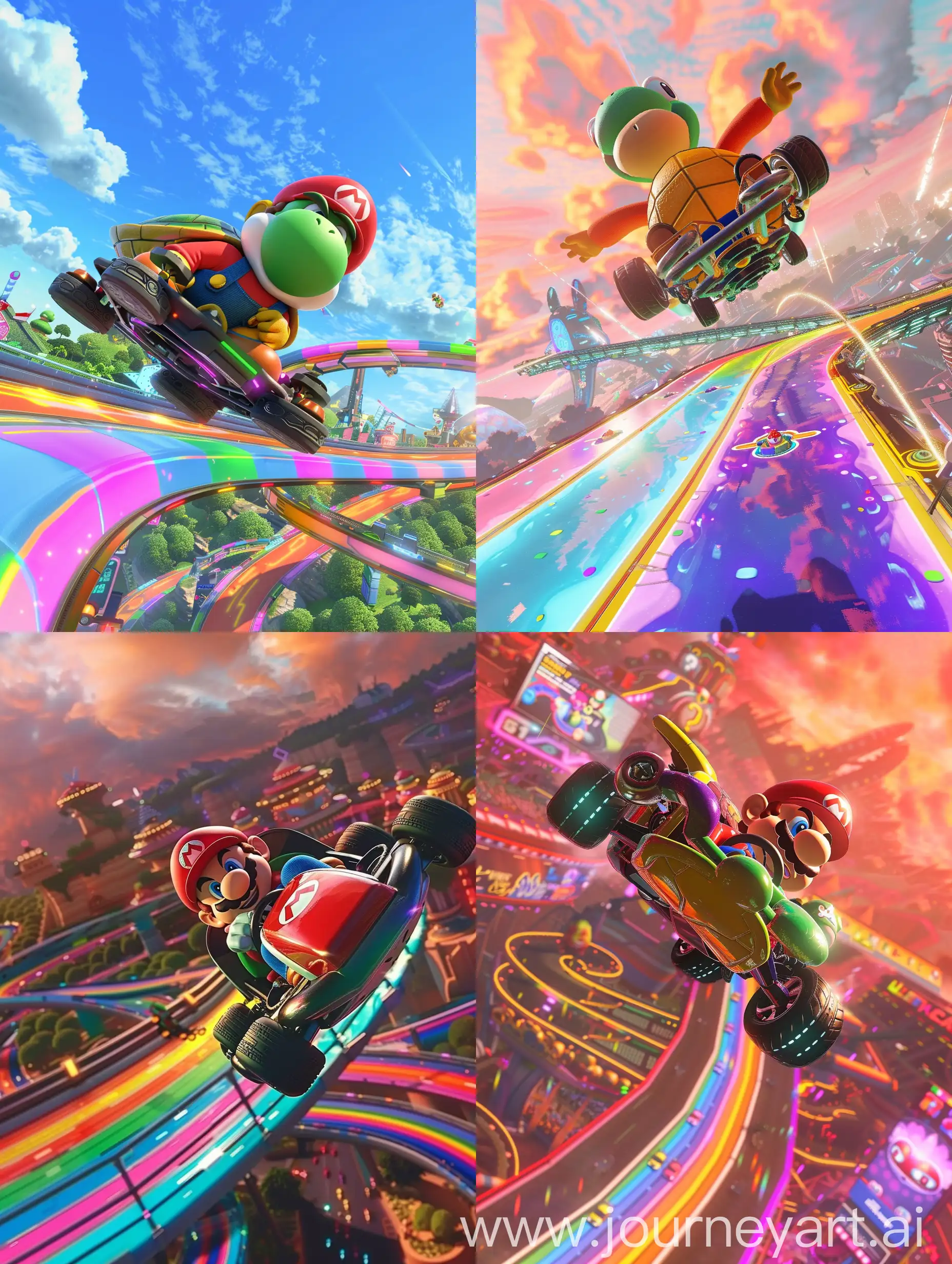 Mario Kart 8 Deluxe: A multi-colored turtle-shaped kart soaring over a futuristic racetrack with Rainbow Road in the background.
