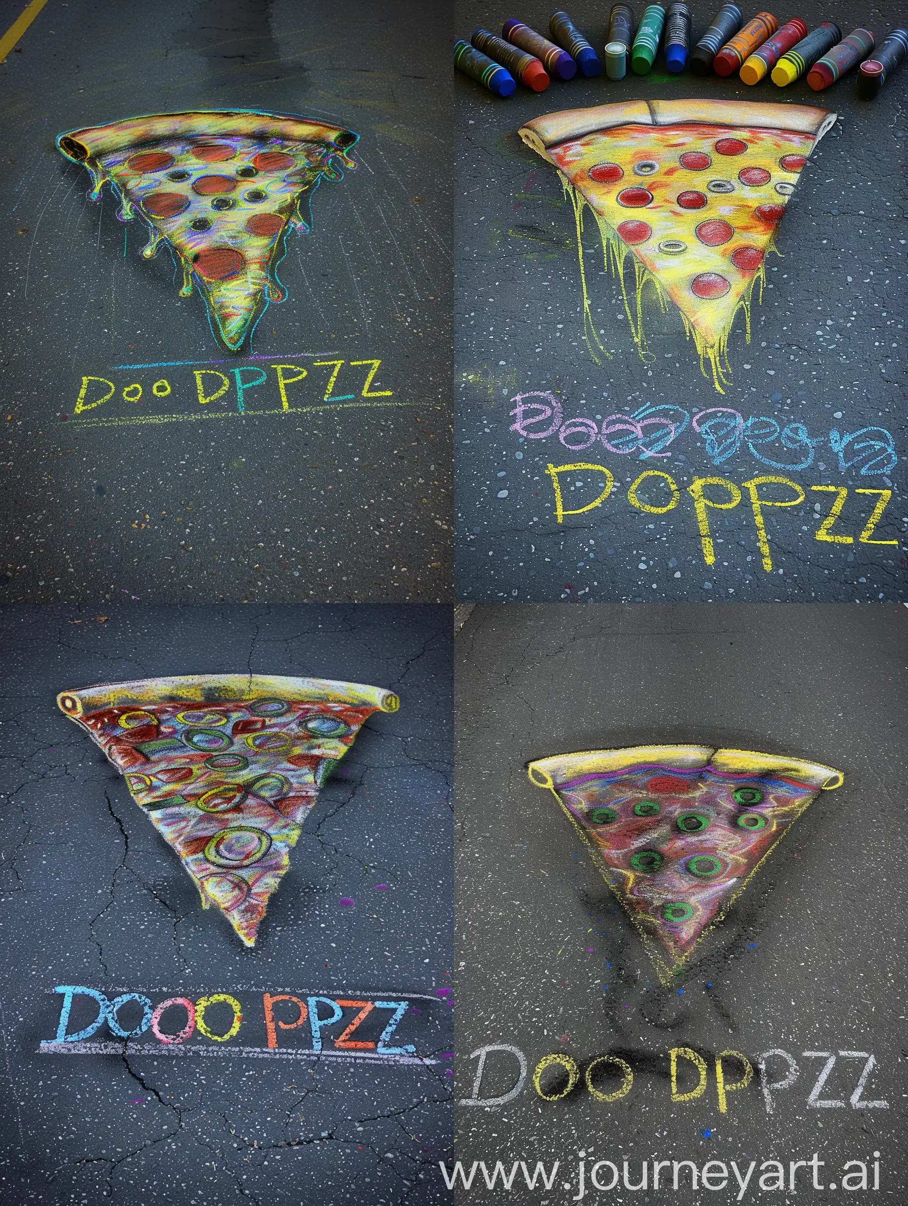 сгеренируй картинку, где цветными мелками на асфальте нарисован простенький кусок пиццы и снизу надпись Додо Пицца  размер рисунка метр на метр