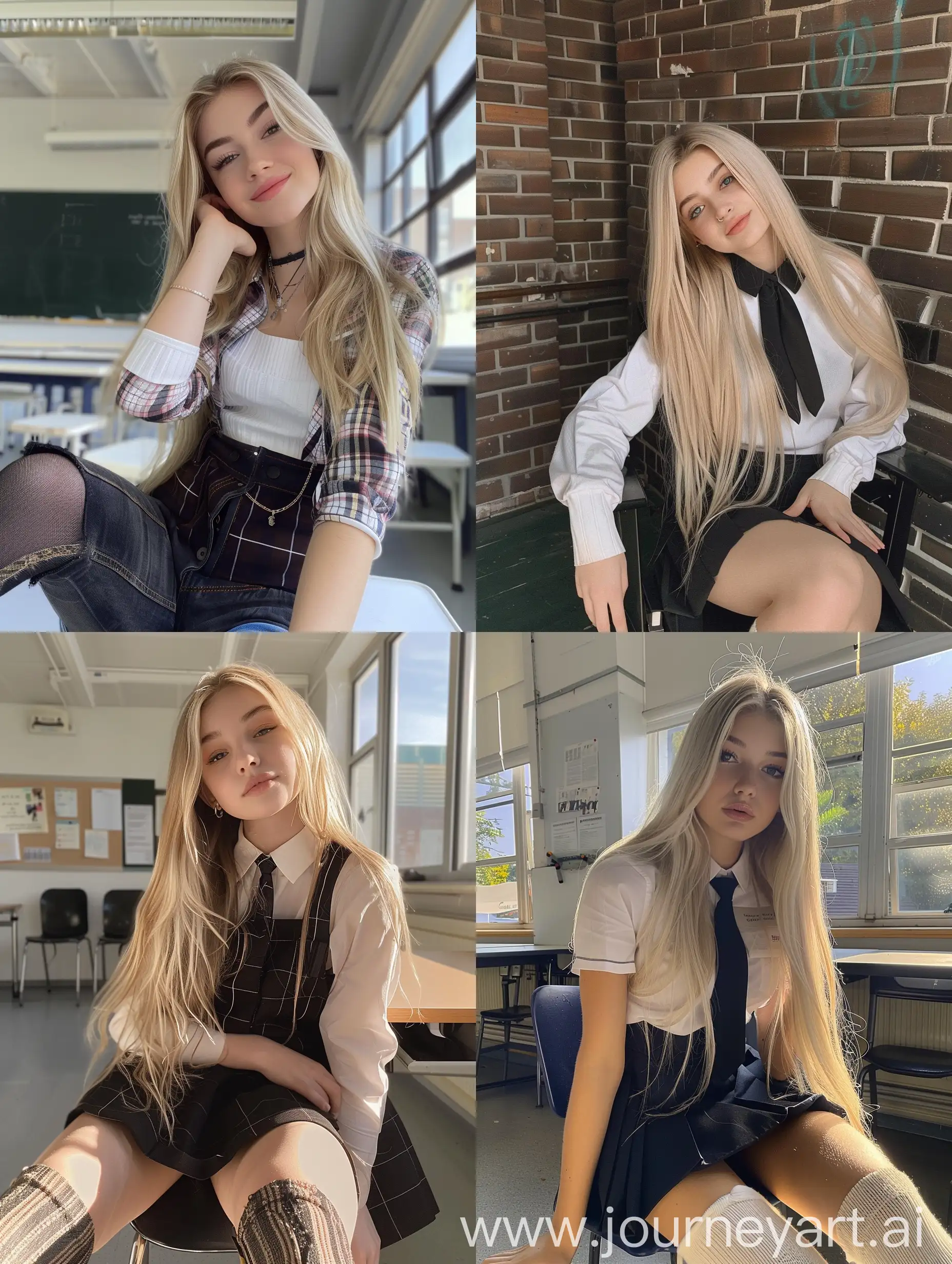 1 girl, long blond hair , 22 years old, influencer, beauty , in the school ,school uniform , makeup, sitting on chair , socks and boots, no effect, selfie , smiling, iphone selfie, no filters , iphone photo natural