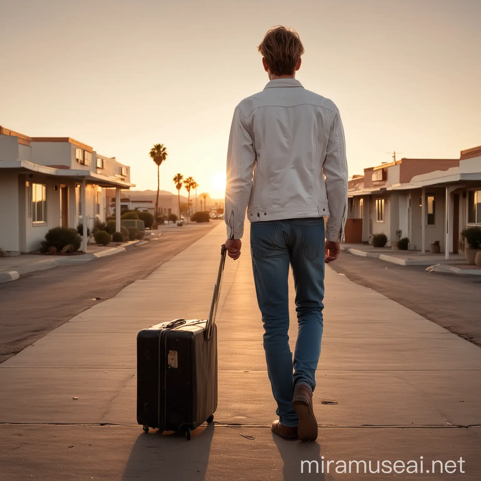 a young tall and thin man, light hair, from behind, wearing jeans and a white shirt. A dark jacket is under his arm and a suitcase is on the ground. The man is in front of motel in the californian desert at sunset, in a vintage atmosphere. The view is slightly from the bottom