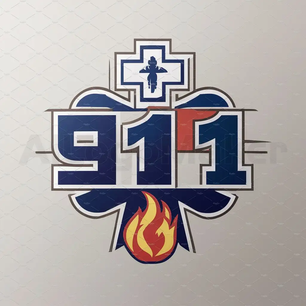 a logo design,with the text "911", main symbol:This icon shows a medical cross at the top, a person's silhouette in the center, and a flame at the bottom.,Moderate,be used in 911 industry,clear background