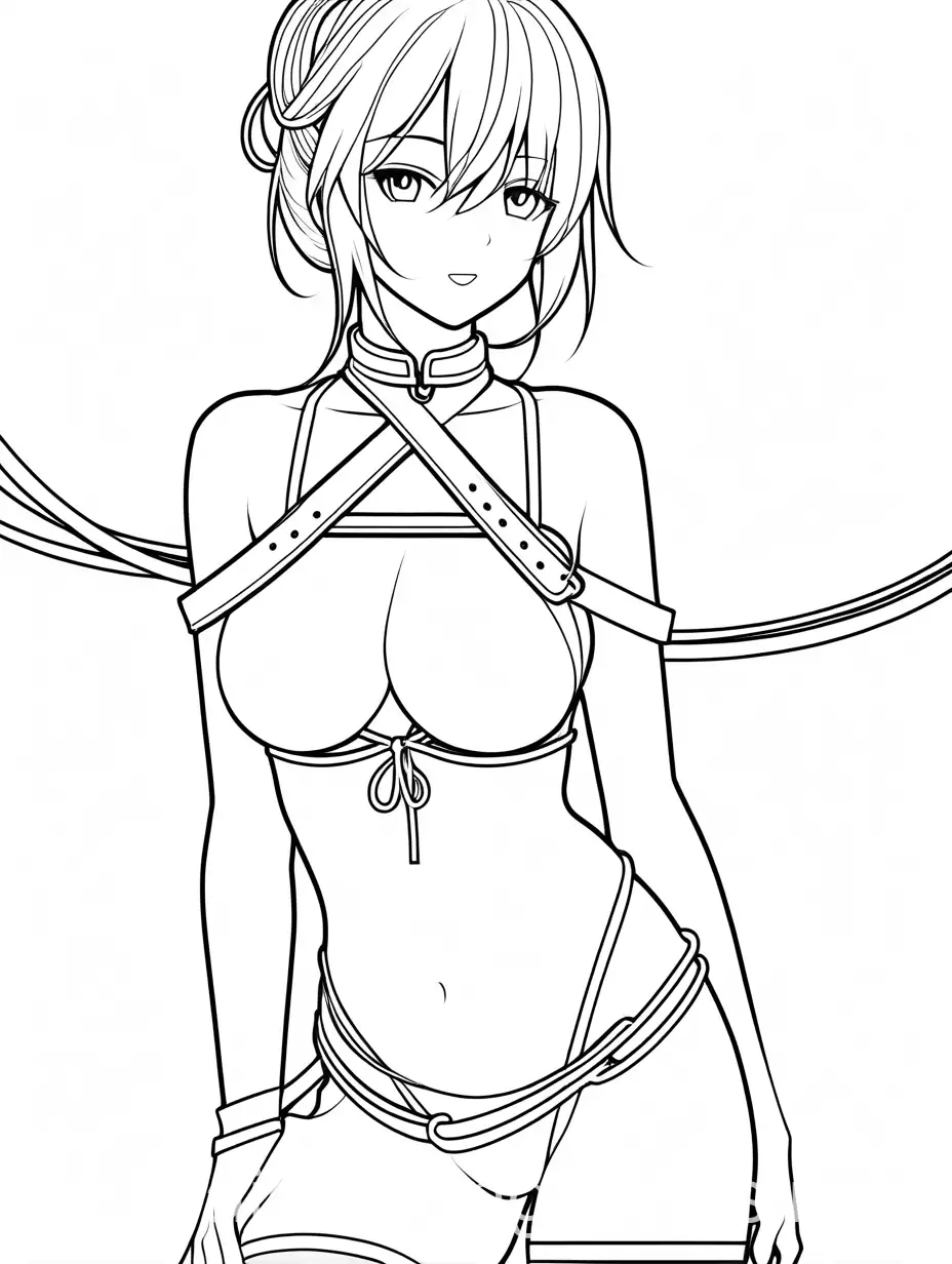 kinky bondage anime girl , Coloring Page, black and white, line art, white background, Simplicity, Ample White Space. The background of the coloring page is plain white to make it easy for young children to color within the lines. The outlines of all the subjects are easy to distinguish, making it simple for kids to color without too much difficulty