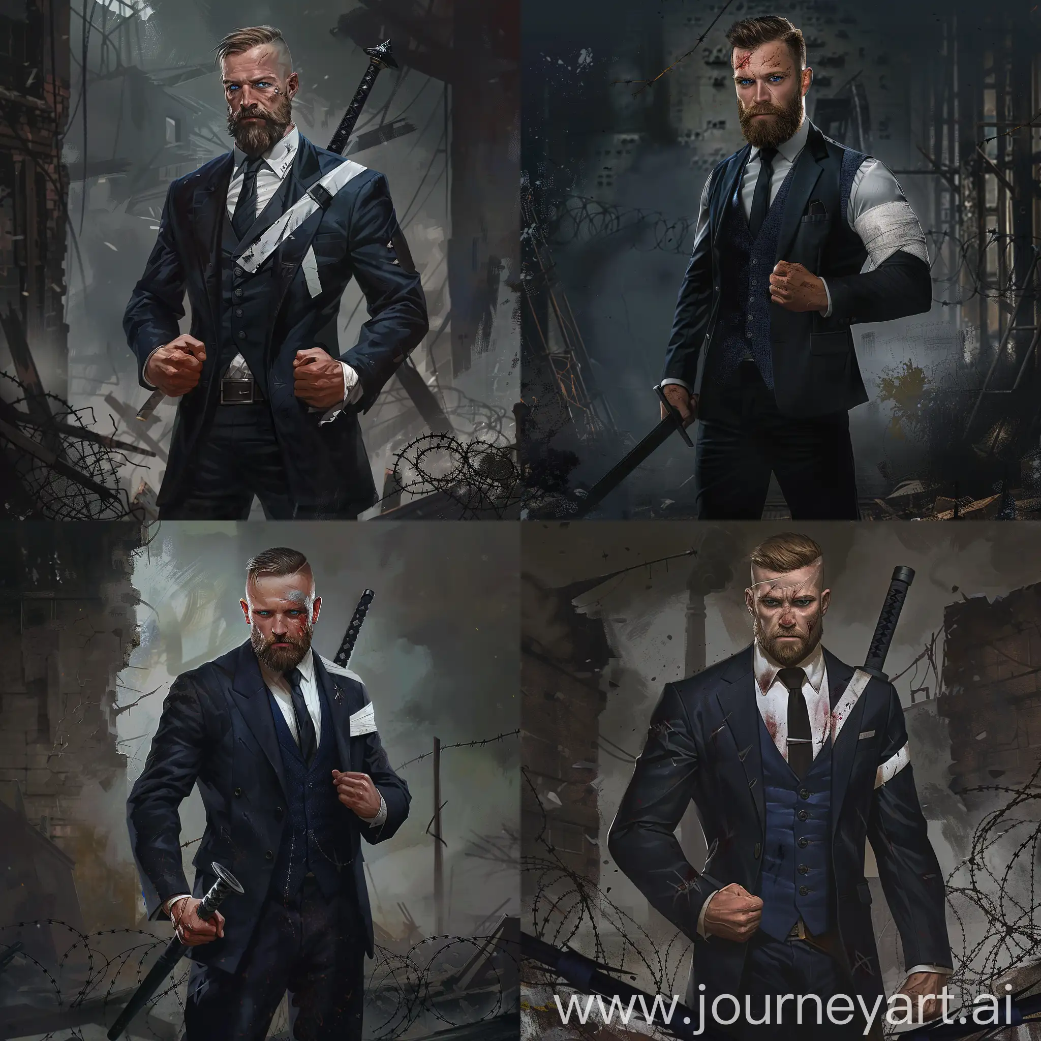 Confident-Man-in-Black-Suit-with-Sword-in-PostApocalyptic-Setting