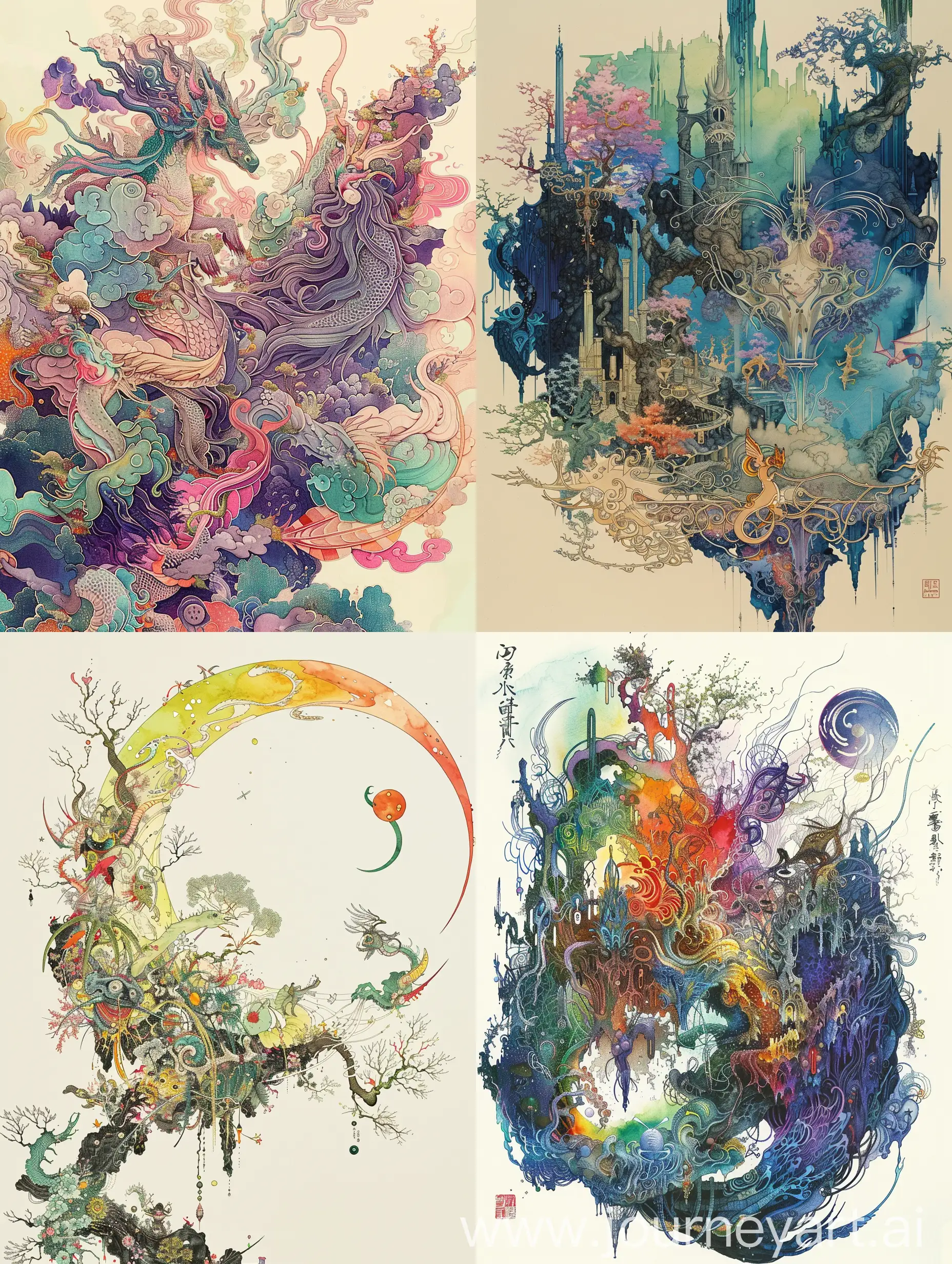 Yoshitaka Amano’s visual style is ethereal and intricate, blending delicate linework with vibrant colors. His illustrations often feature fantastical creatures and dreamlike landscapes, creating a sense of otherworldly beauty.
