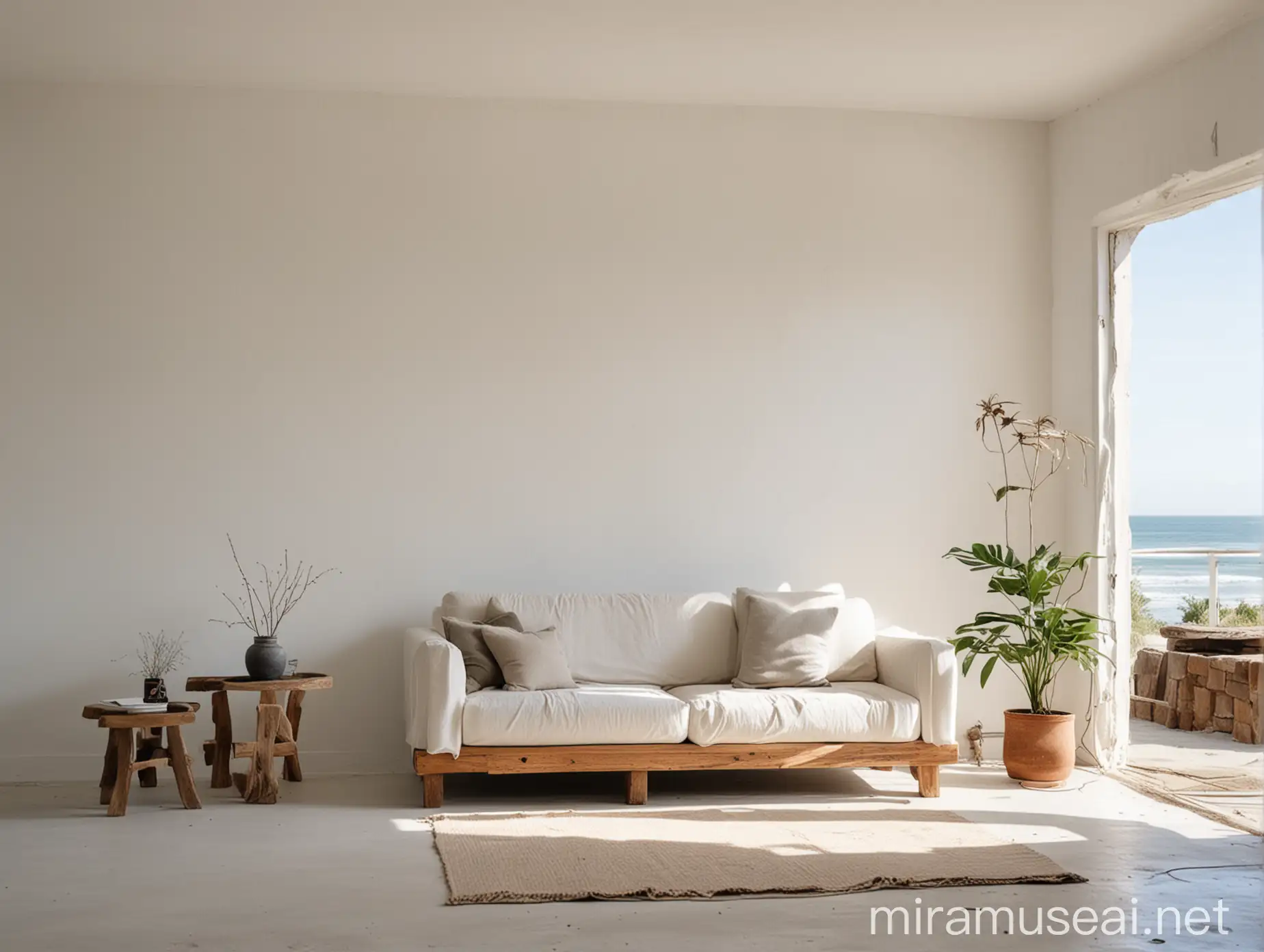 clean white wall at living room of surfer at the coast, clean and wabi sabi 
