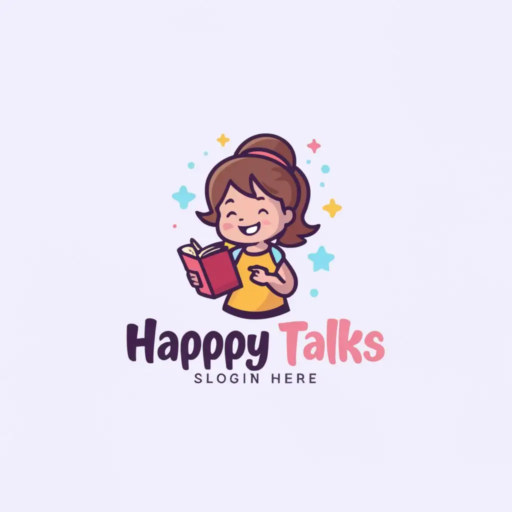 a logo design,with the text "Happy Talks", main symbol:Cute small girl with mic and book,Moderate,be used in Education industry,clear background