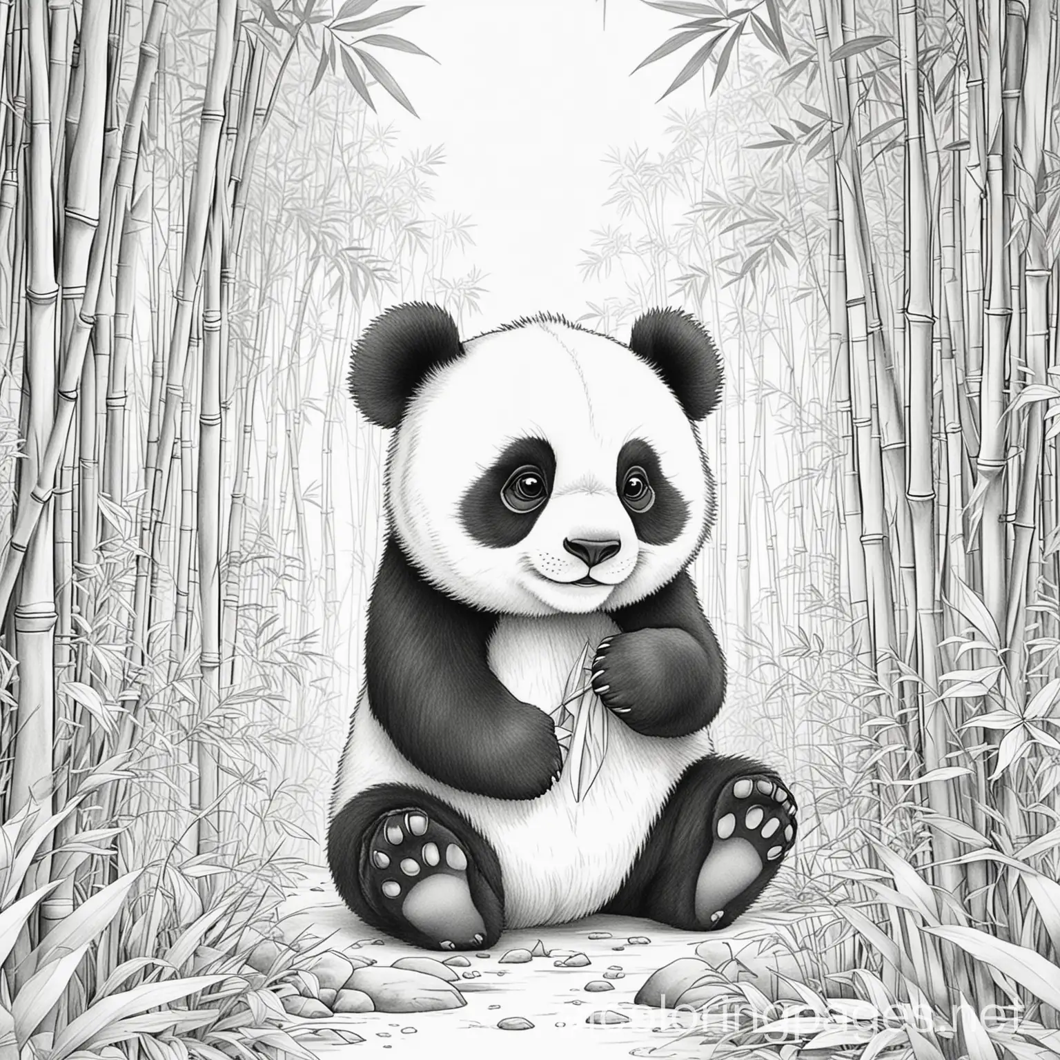 panda in the bamboo forest

, Coloring Page, black and white, line art, white background, Simplicity, Ample White Space. The background of the coloring page is plain white to make it easy for young children to color within the lines. The outlines of all the subjects are easy to distinguish, making it simple for kids to color without too much difficulty
